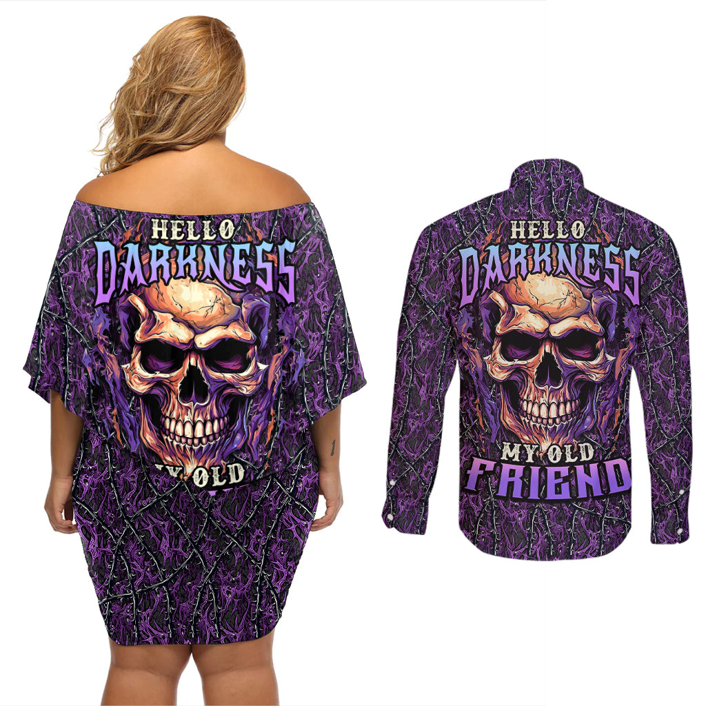 skull-couples-matching-off-shoulder-short-dress-and-long-sleeve-button-shirts-hello-darkness-my-old-friend-horror-seamless-pattern-purple