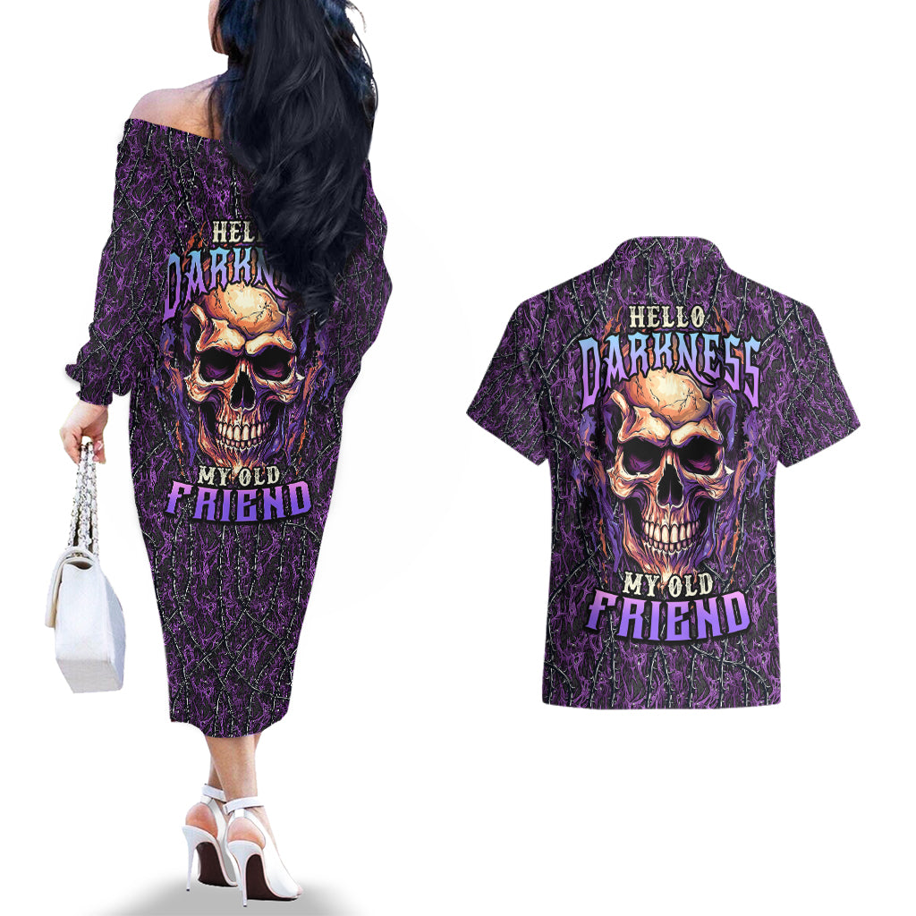 skull-couples-matching-off-the-shoulder-long-sleeve-dress-and-hawaiian-shirt-hello-darkness-my-old-friend-horror-seamless-pattern-purple