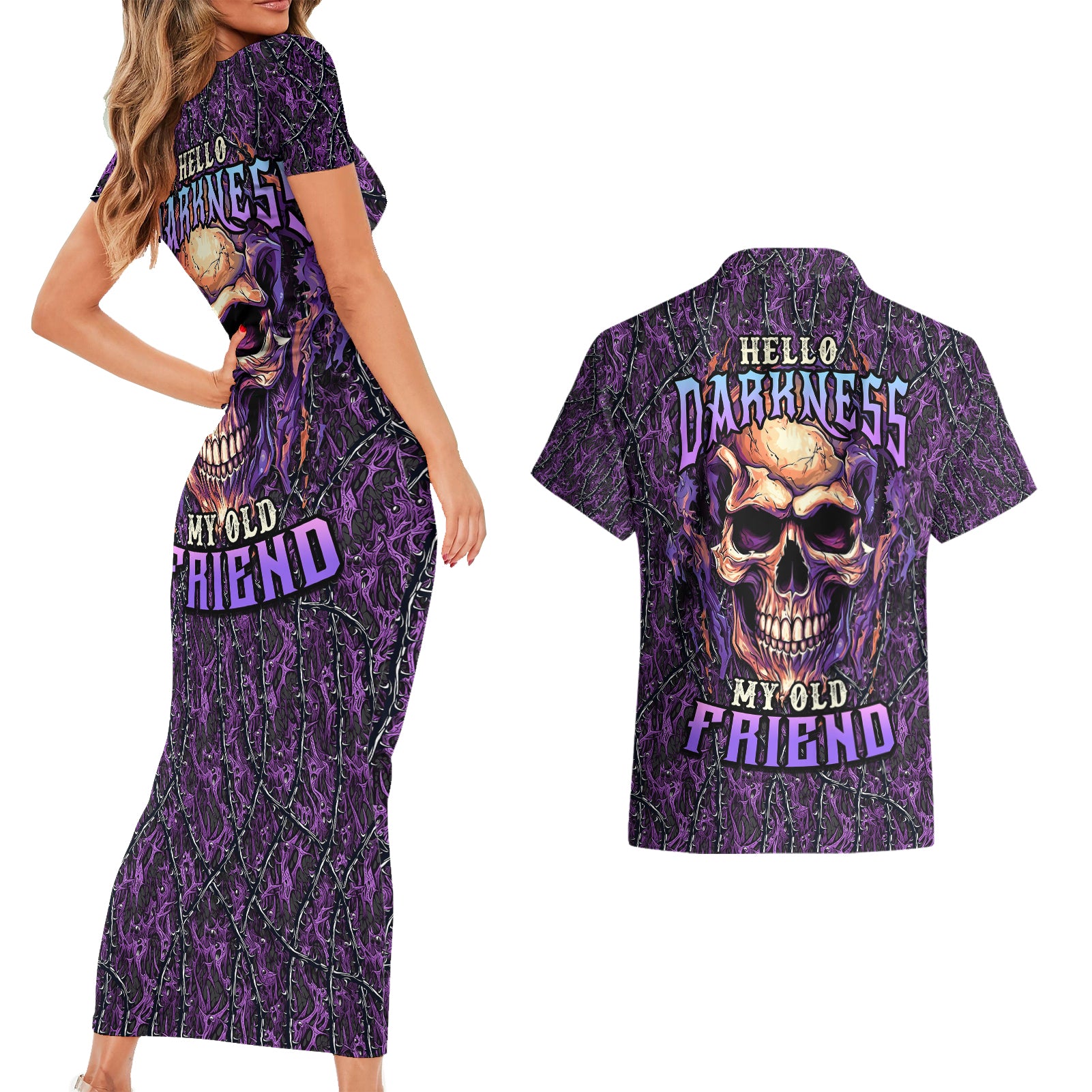 skull-couples-matching-short-sleeve-bodycon-dress-and-hawaiian-shirt-hello-darkness-my-old-friend-horror-seamless-pattern-purple