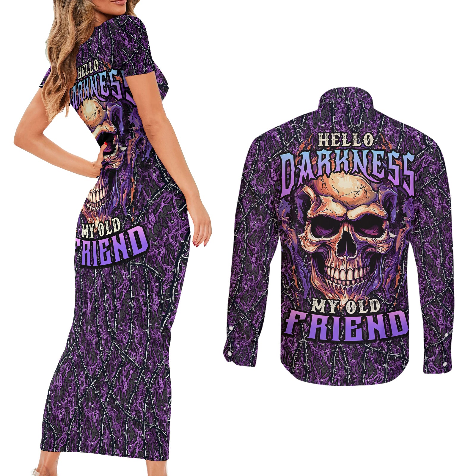 skull-couples-matching-short-sleeve-bodycon-dress-and-long-sleeve-button-shirts-hello-darkness-my-old-friend-horror-seamless-pattern-purple