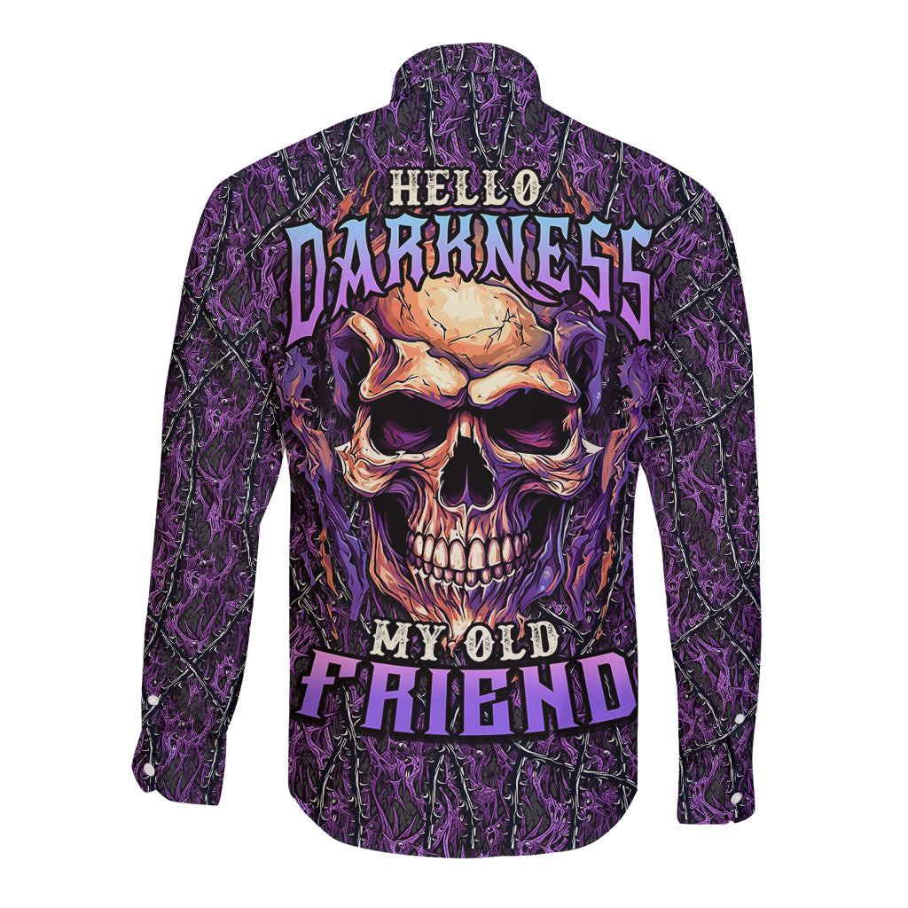 skull-long-sleeve-button-shirt-hello-darkness-my-old-friend-horror-seamless-pattern-purple