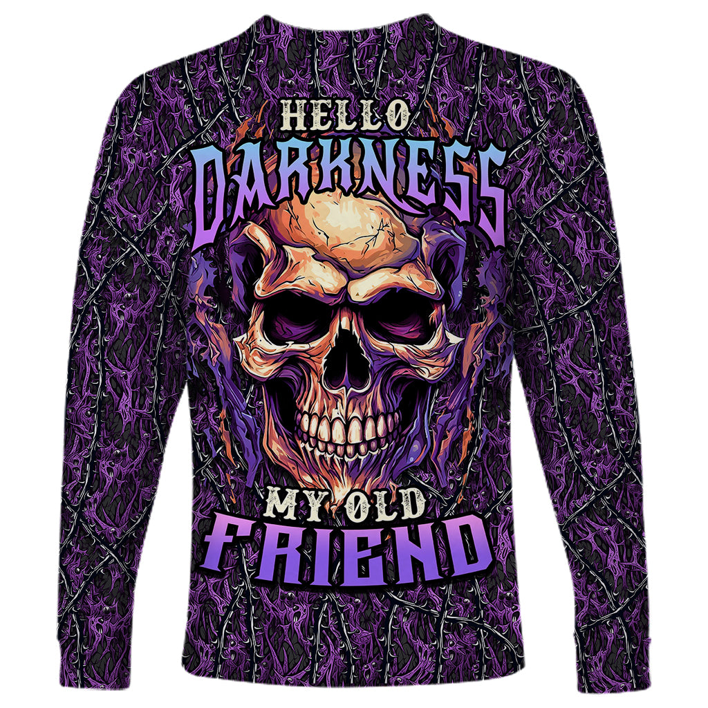 skull-long-sleeve-shirt-hello-darkness-my-old-friend-horror-seamless-pattern-purple