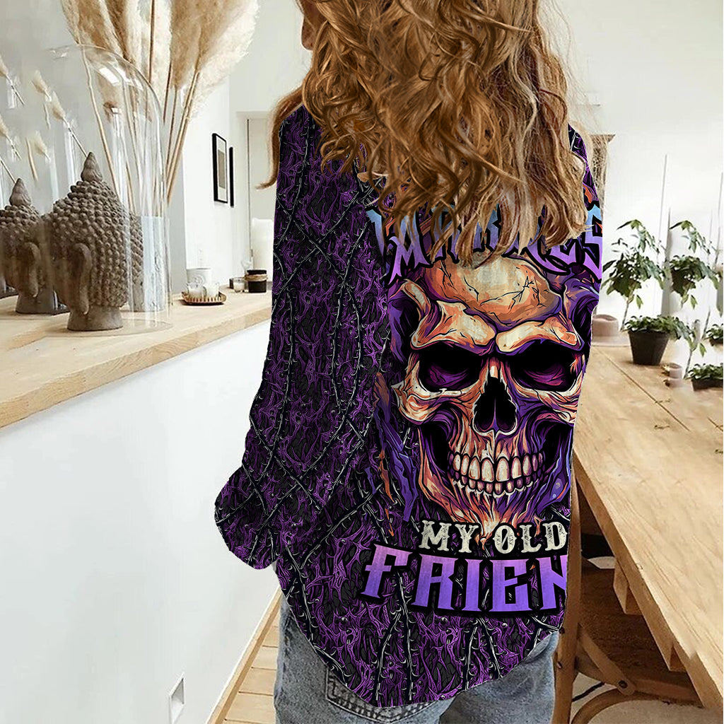 skull-women-casual-shirt-hello-darkness-my-old-friend-horror-seamless-pattern-purple