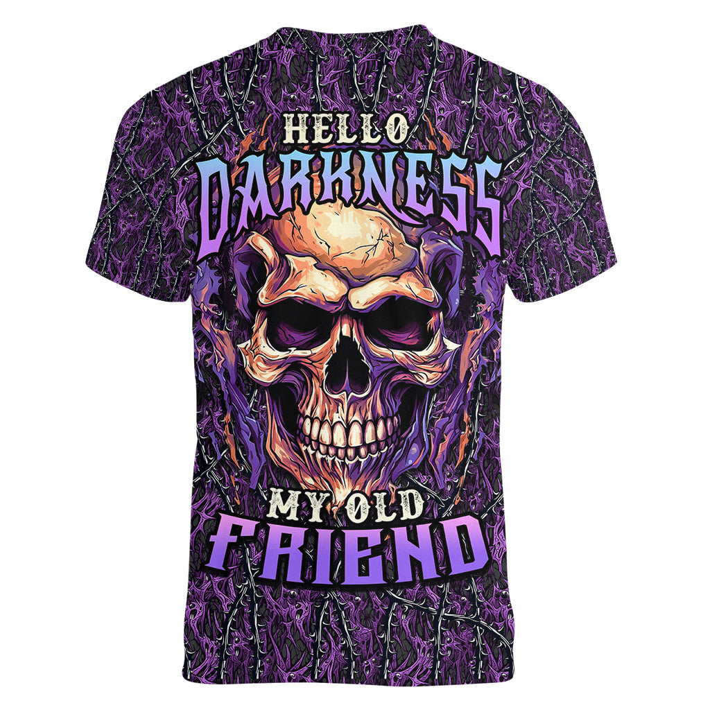 skull-women-v-neck-t-shirt-hello-darkness-my-old-friend-horror-seamless-pattern-purple