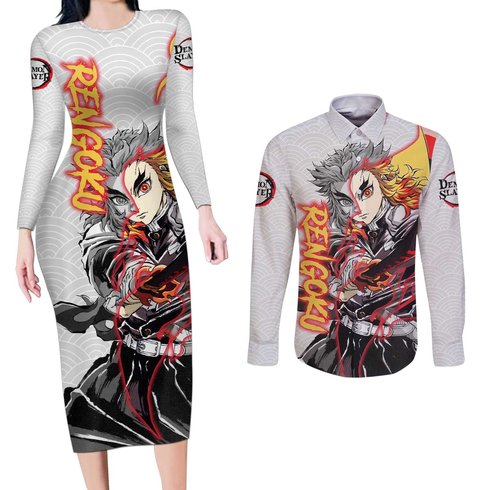 Rengoku Kyojuro - Demon Slayer Couples Matching Long Sleeve Bodycon Dress and Long Sleeve Button Shirt Anime Style