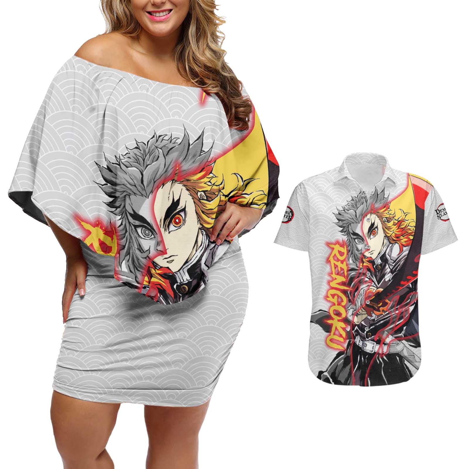 Rengoku Kyojuro - Demon Slayer Couples Matching Off Shoulder Short Dress and Hawaiian Shirt Anime Style