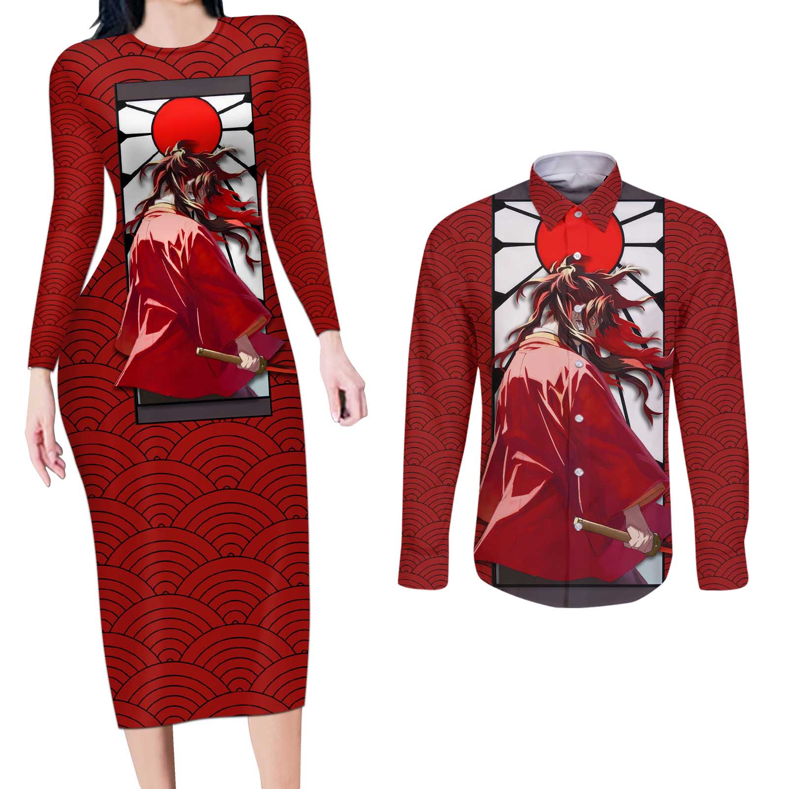 Yoriichi Tsugikuni - Demon Slayer Couples Matching Long Sleeve Bodycon Dress and Long Sleeve Button Shirt Anime Style