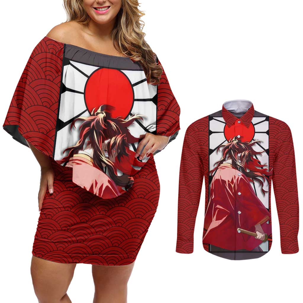 Yoriichi Tsugikuni - Demon Slayer Couples Matching Off Shoulder Short Dress and Long Sleeve Button Shirt Anime Style