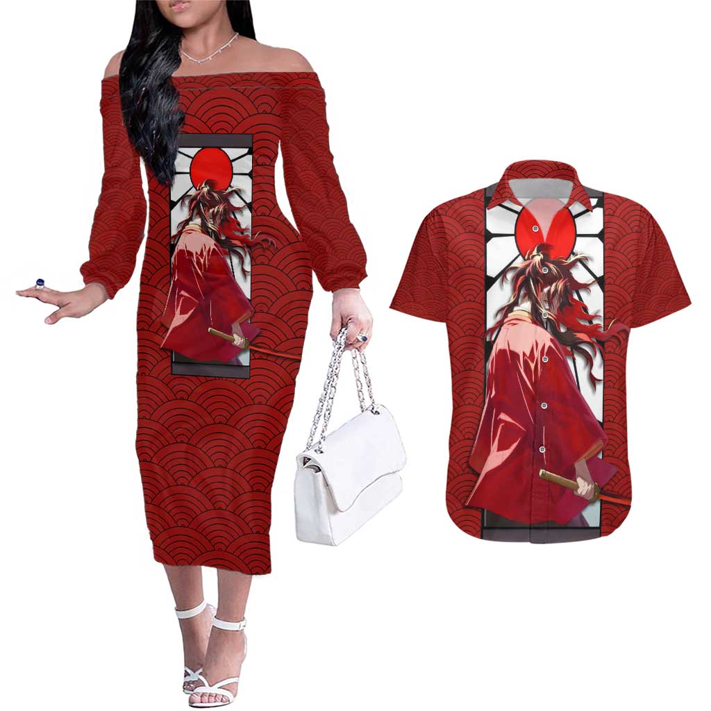 Yoriichi Tsugikuni - Demon Slayer Couples Matching Off The Shoulder Long Sleeve Dress and Hawaiian Shirt Anime Style