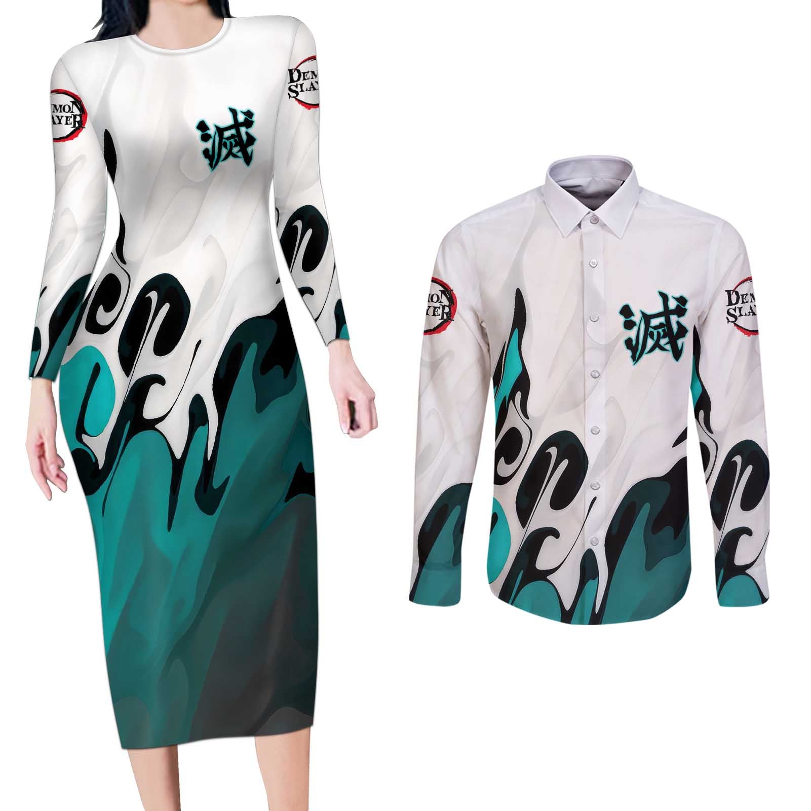 Muichiro Tokito - Demon Slayer Couples Matching Long Sleeve Bodycon Dress and Long Sleeve Button Shirt Anime Style