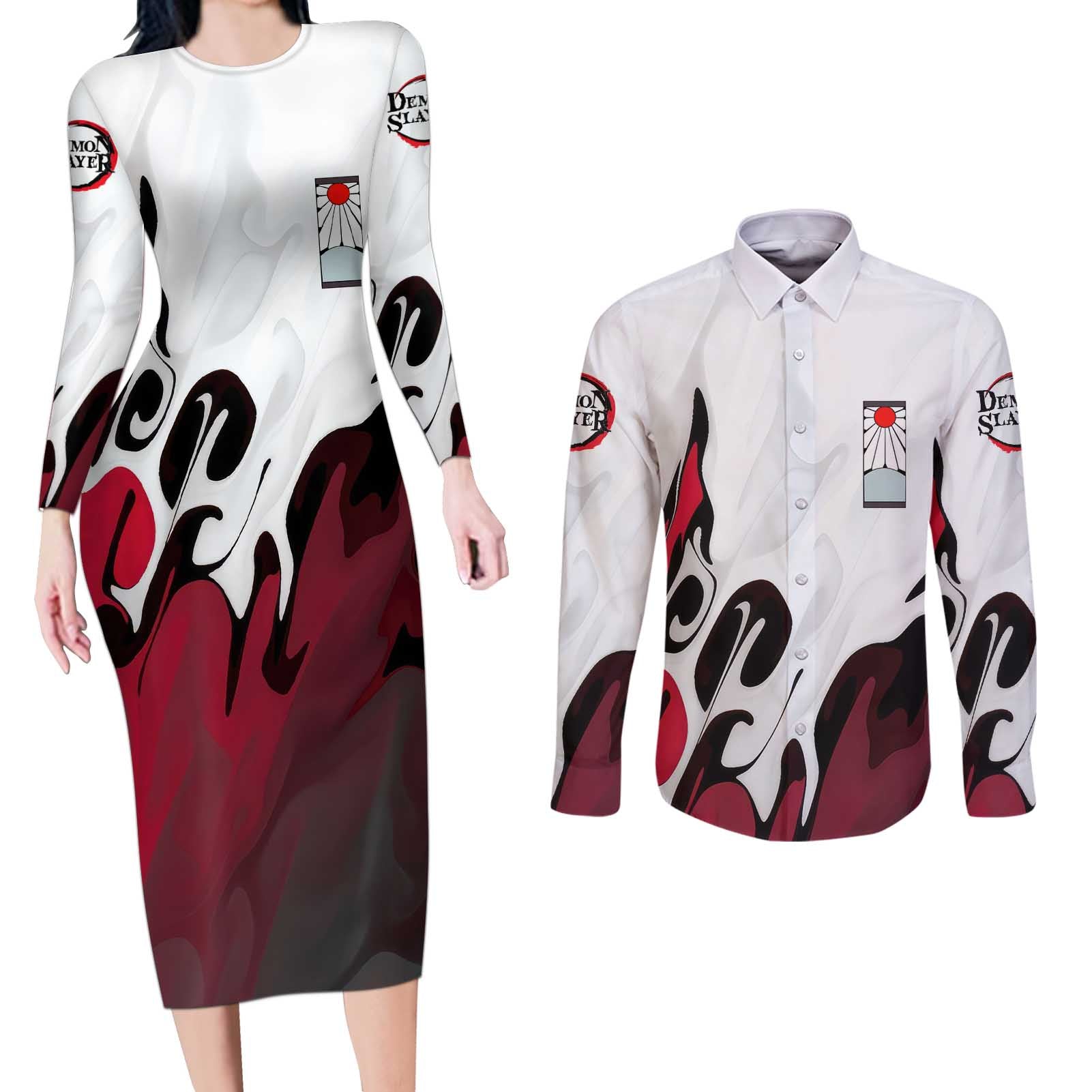 Yoriichi Tsugikuni - Demon Slayer Couples Matching Long Sleeve Bodycon Dress and Long Sleeve Button Shirt Anime Style