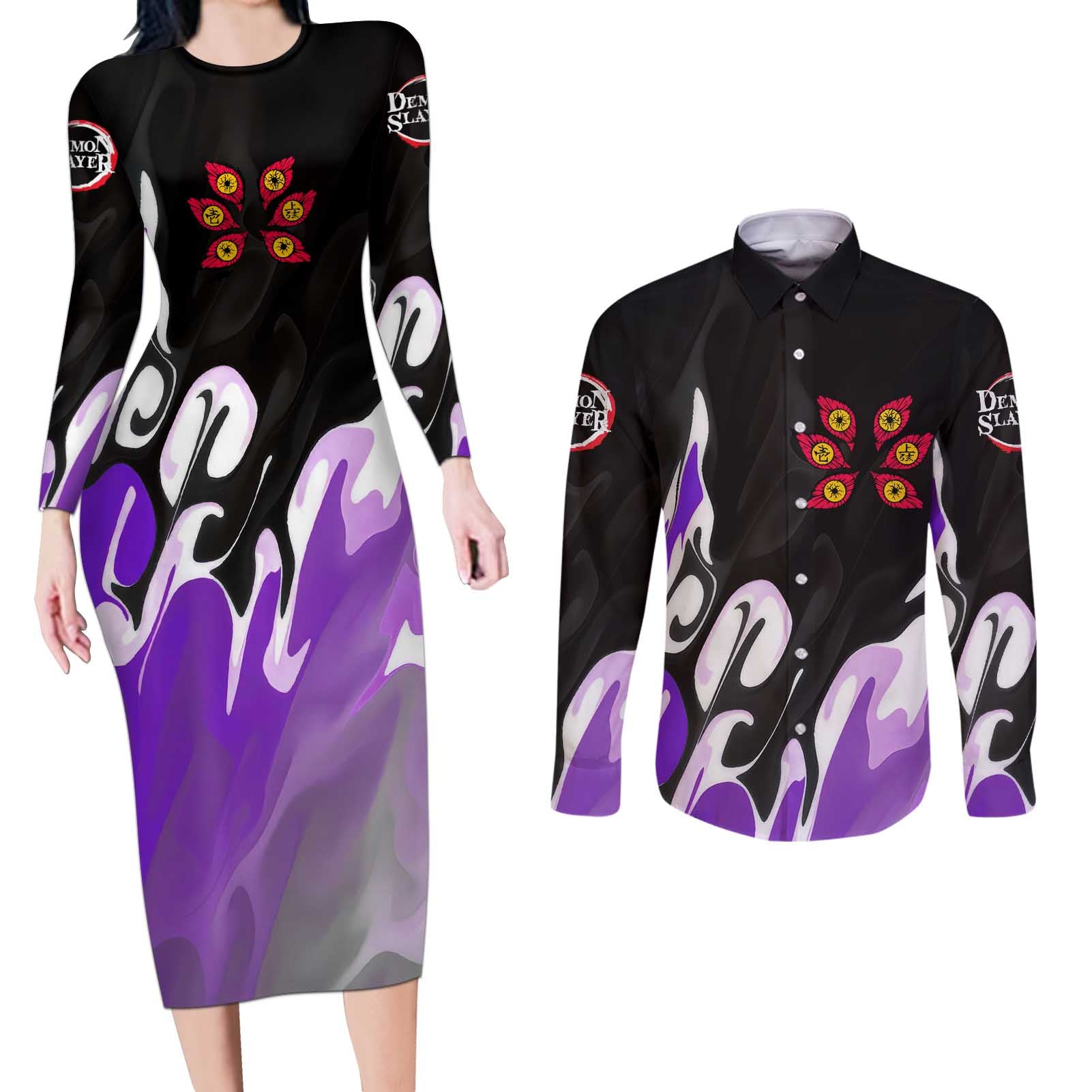 Kokushibo - Demon Slayer Couples Matching Long Sleeve Bodycon Dress and Long Sleeve Button Shirt Anime Style