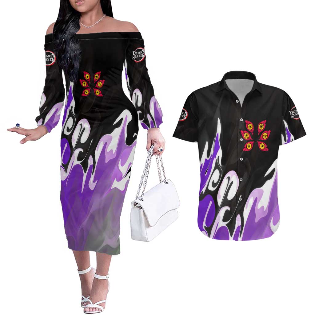 Kokushibo - Demon Slayer Couples Matching Off The Shoulder Long Sleeve Dress and Hawaiian Shirt Anime Style