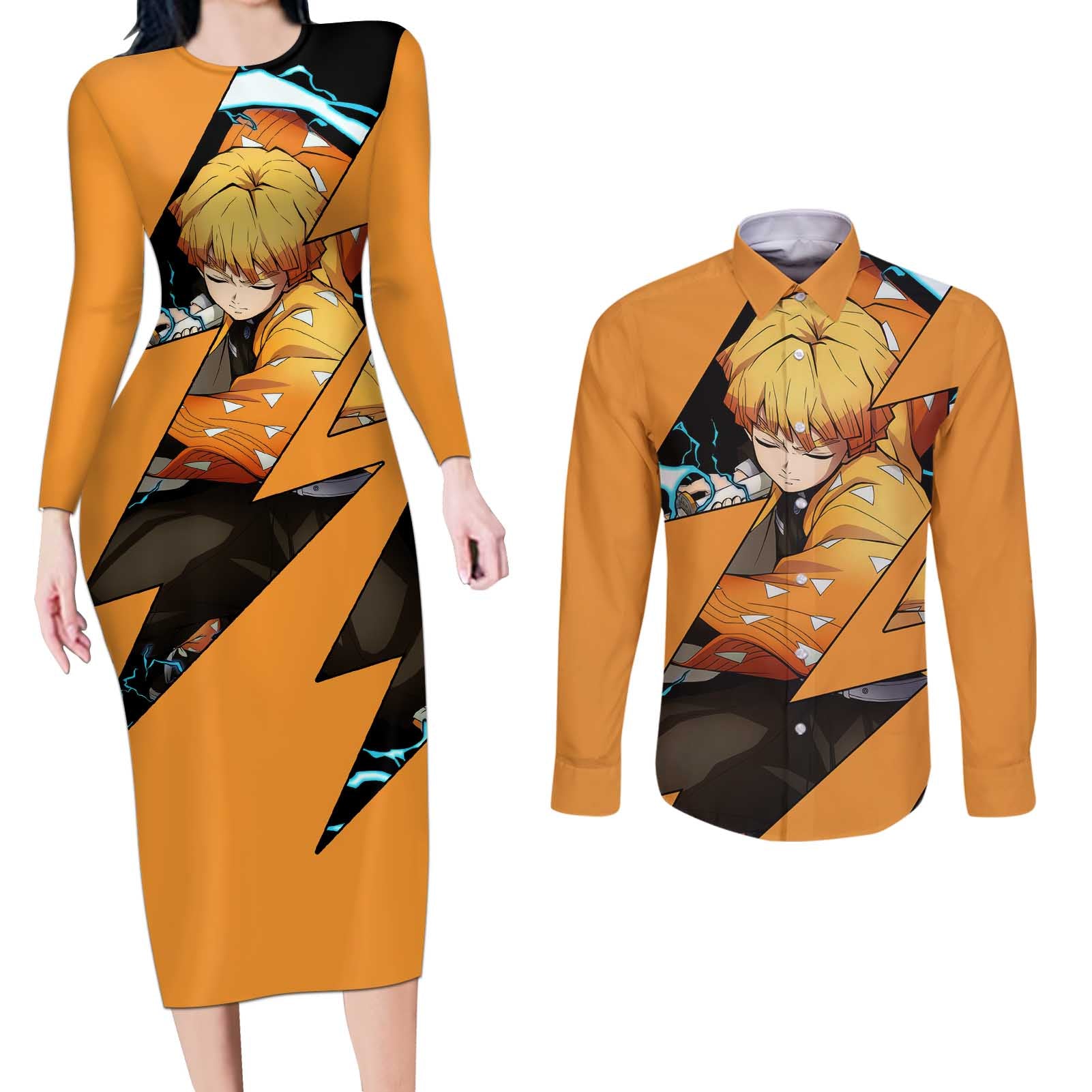 Zenitsu - Demon Slayer Couples Matching Long Sleeve Bodycon Dress and Long Sleeve Button Shirt Anime Style