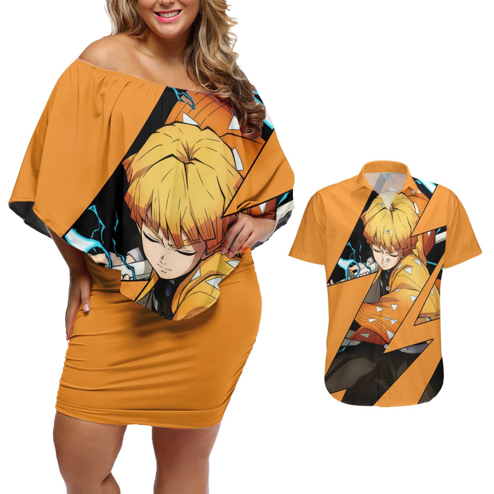 Zenitsu - Demon Slayer Couples Matching Off Shoulder Short Dress and Hawaiian Shirt Anime Style