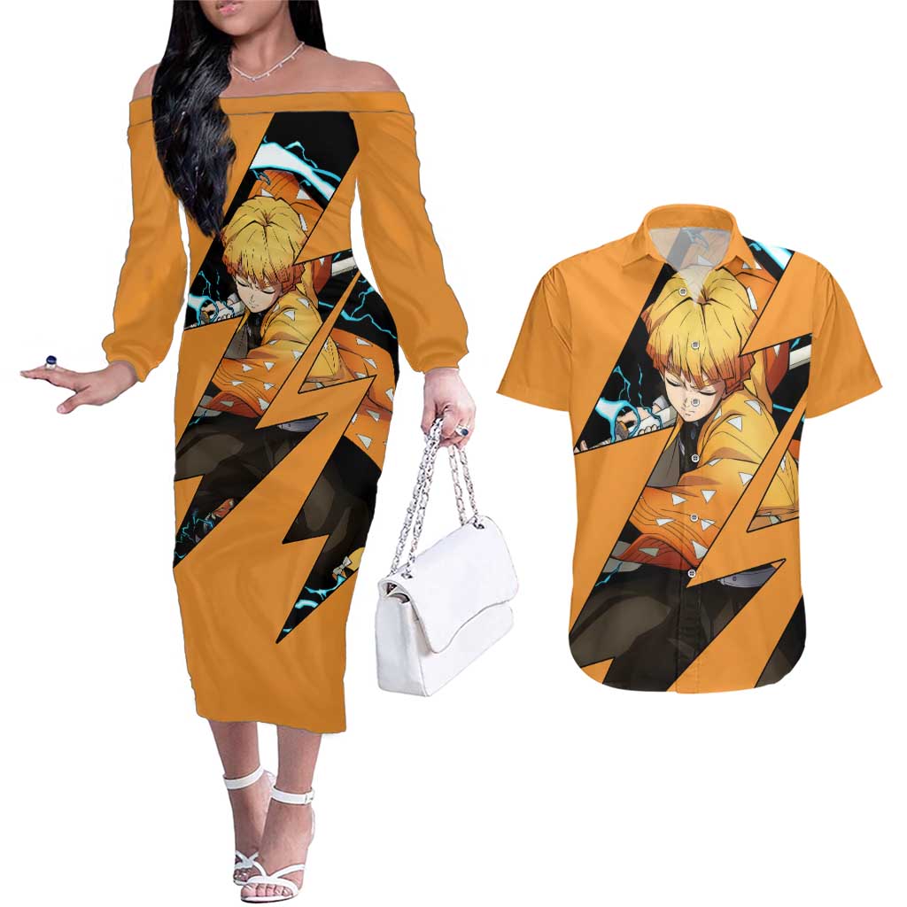 Zenitsu - Demon Slayer Couples Matching Off The Shoulder Long Sleeve Dress and Hawaiian Shirt Anime Style