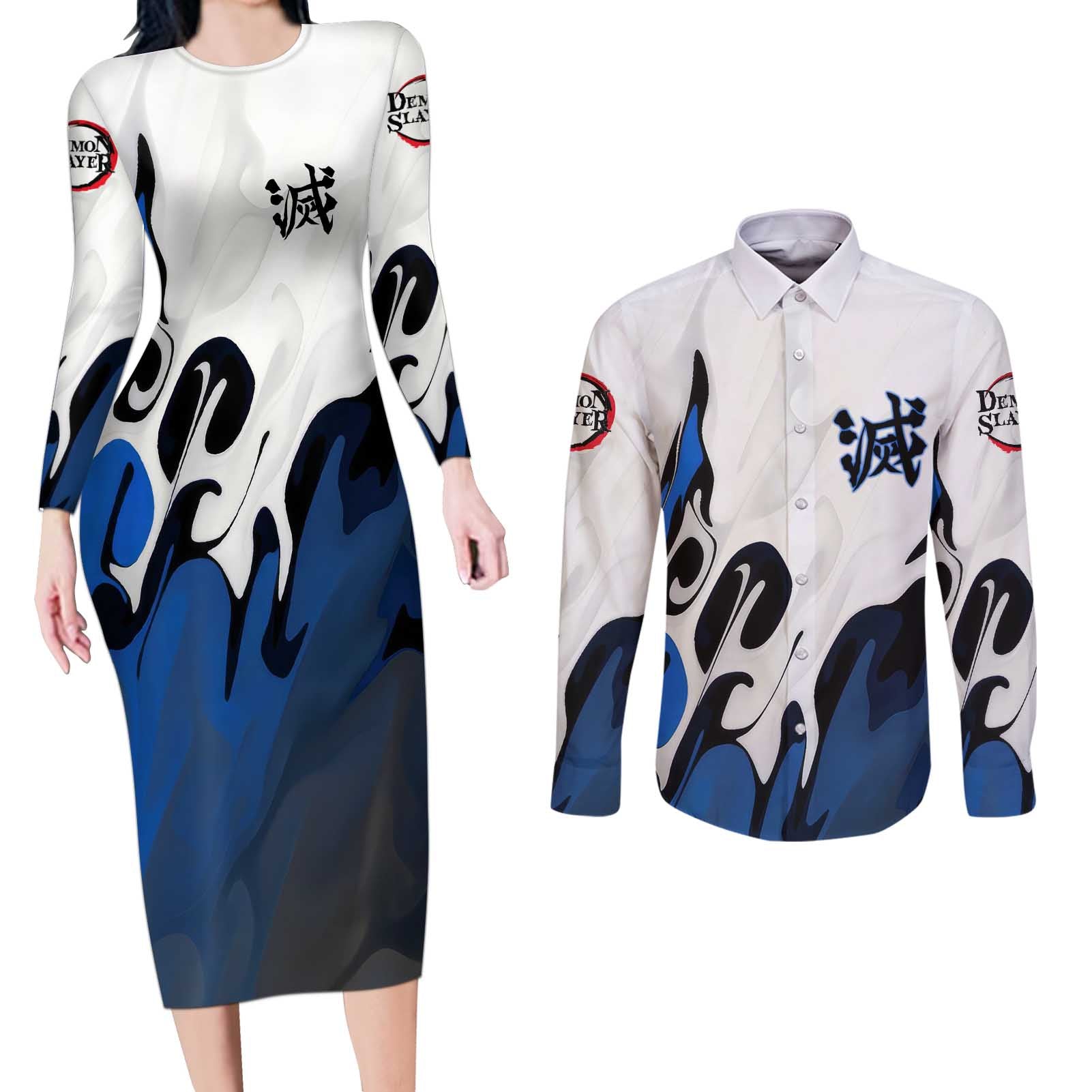 Tomioka Gyu - Demon Slayer Couples Matching Long Sleeve Bodycon Dress and Long Sleeve Button Shirt Anime Style