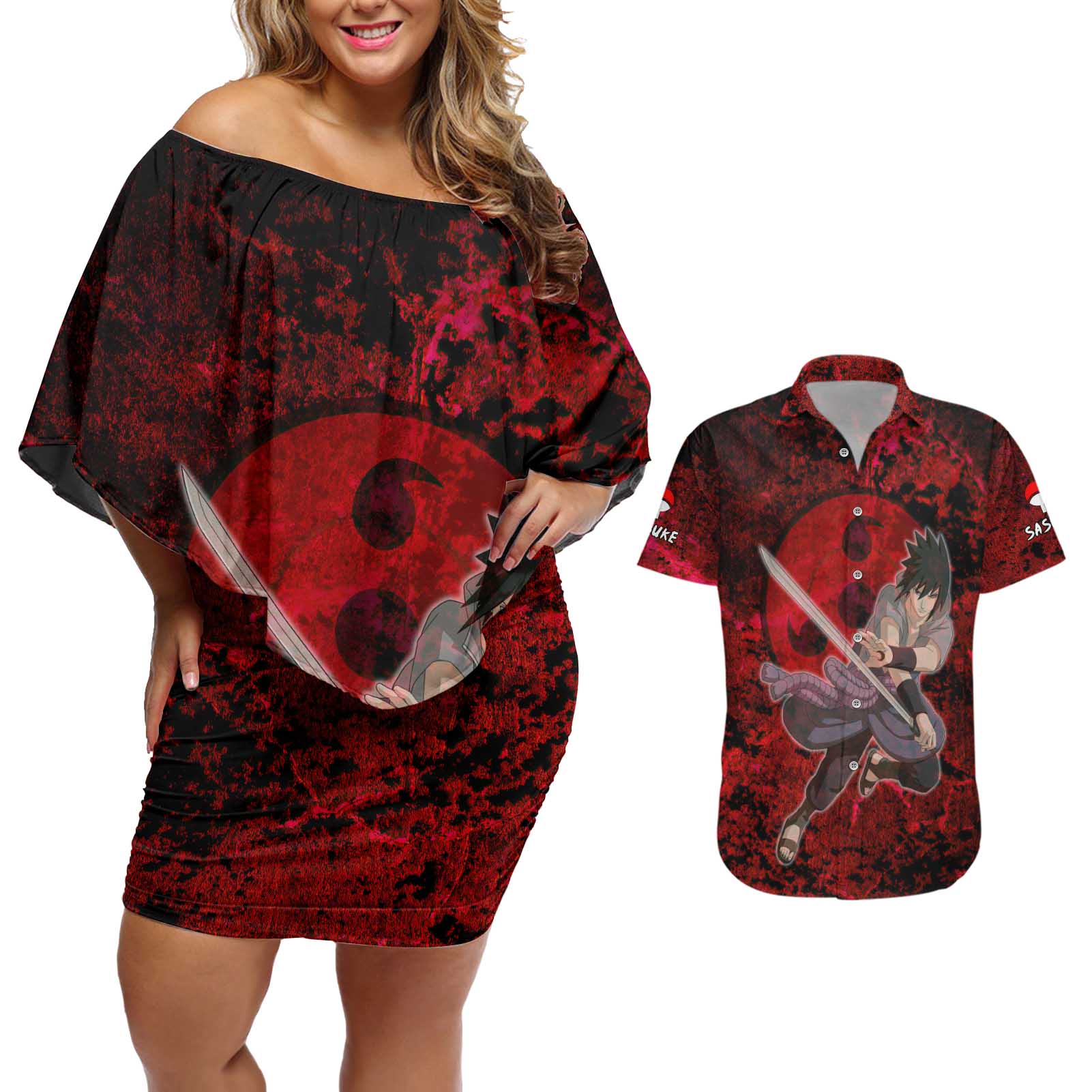 Uchiha Sasuke - Naruto Couples Matching Off Shoulder Short Dress and Hawaiian Shirt Anime Style