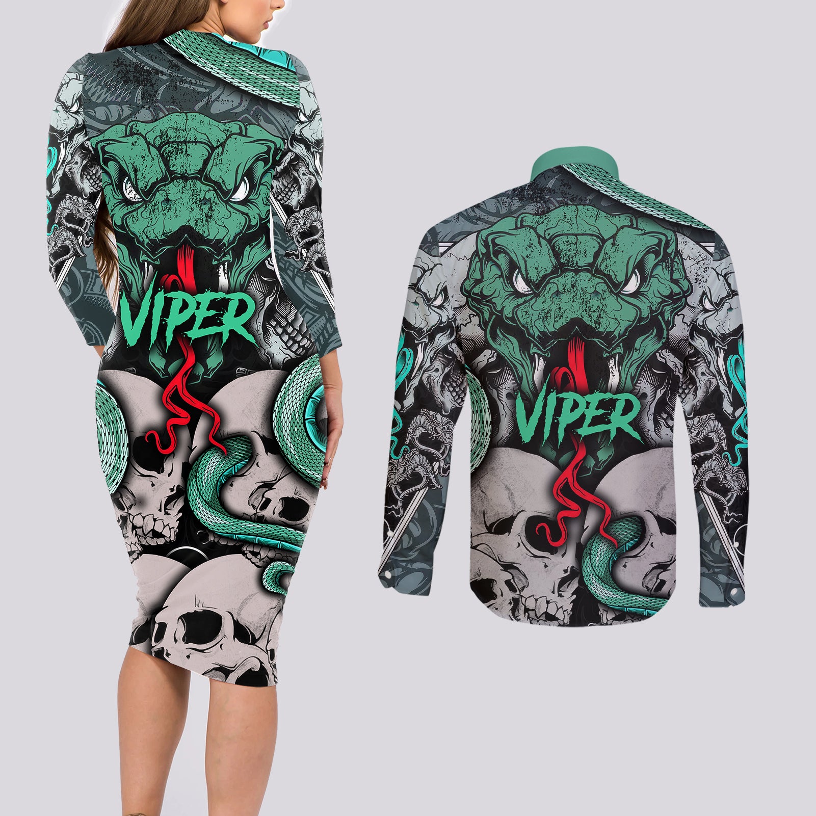 infernal-trio-couples-matching-long-sleeve-bodycon-dress-and-long-sleeve-button-shirts-skull-viper-and-sinister-snake