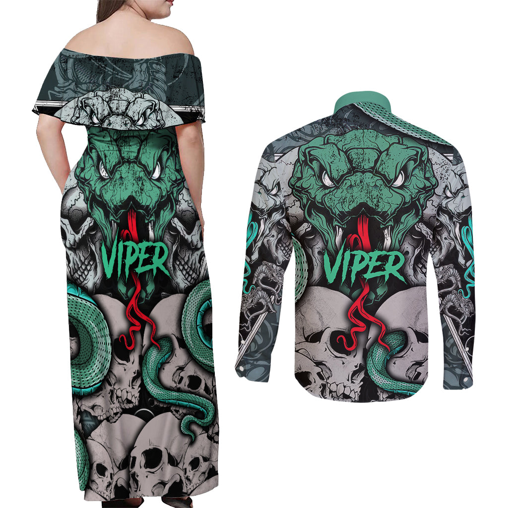 infernal-trio-couples-matching-off-shoulder-maxi-dress-and-long-sleeve-button-shirts-skull-viper-and-sinister-snake