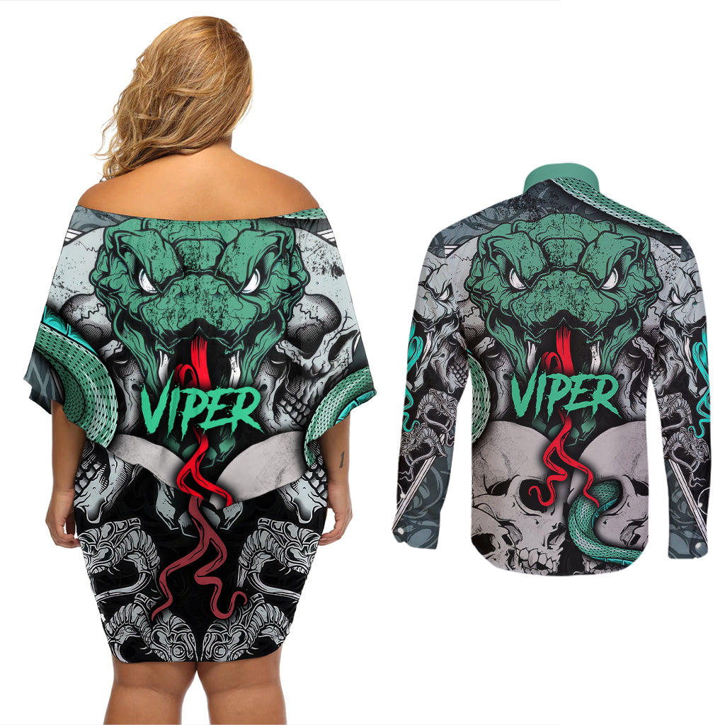 infernal-trio-couples-matching-off-shoulder-short-dress-and-long-sleeve-button-shirts-skull-viper-and-sinister-snake