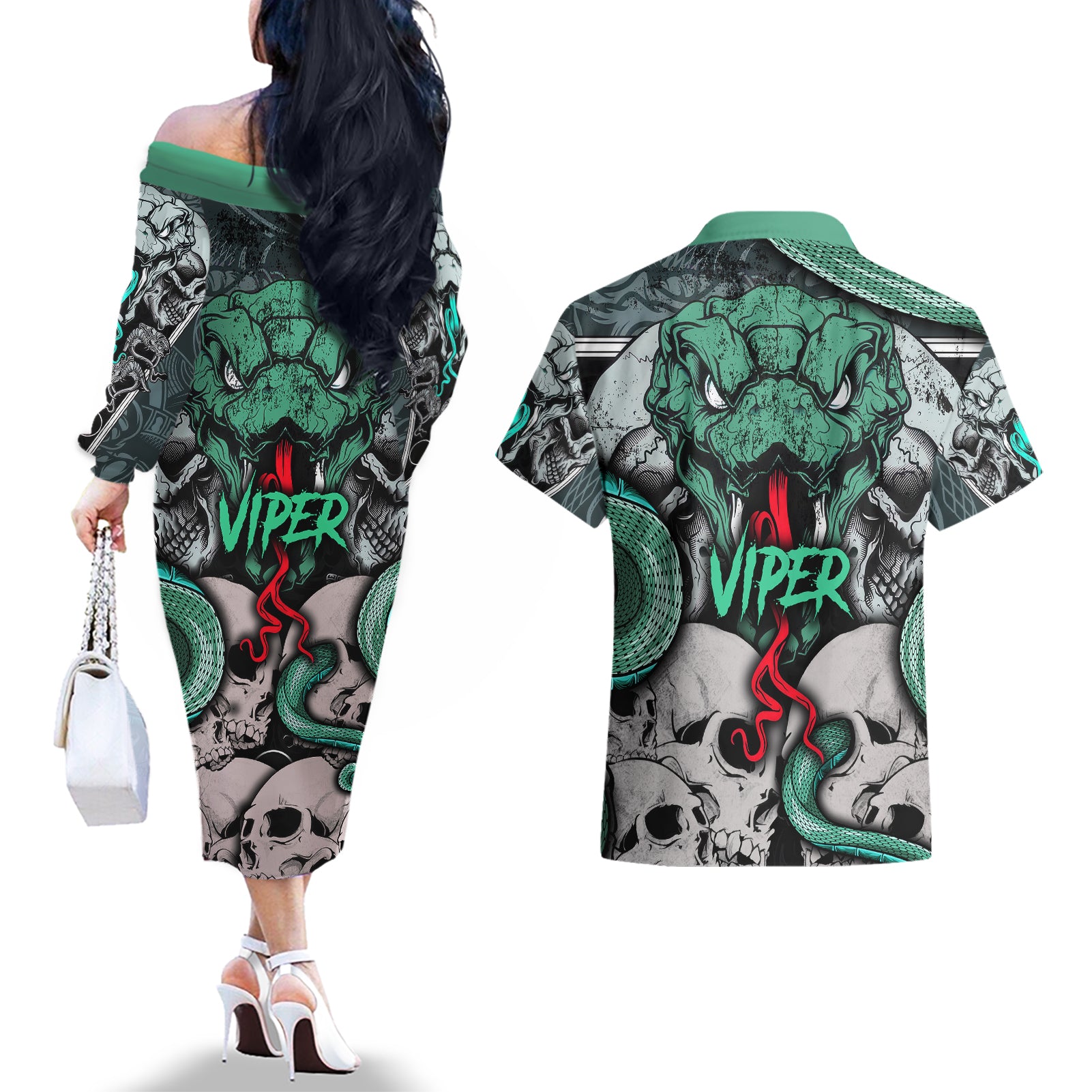 infernal-trio-couples-matching-off-the-shoulder-long-sleeve-dress-and-hawaiian-shirt-skull-viper-and-sinister-snake