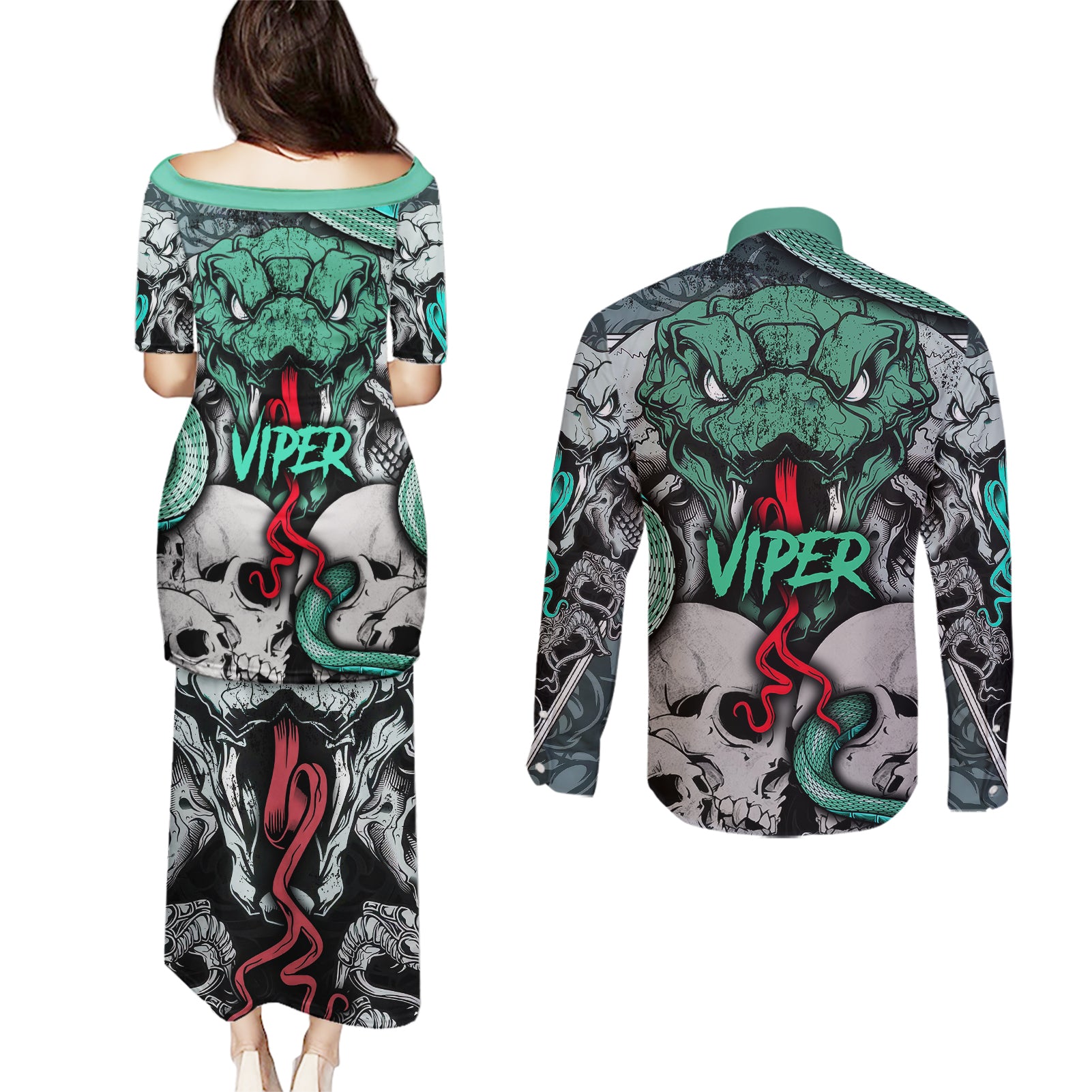 infernal-trio-couples-matching-puletasi-dress-and-long-sleeve-button-shirts-skull-viper-and-sinister-snake