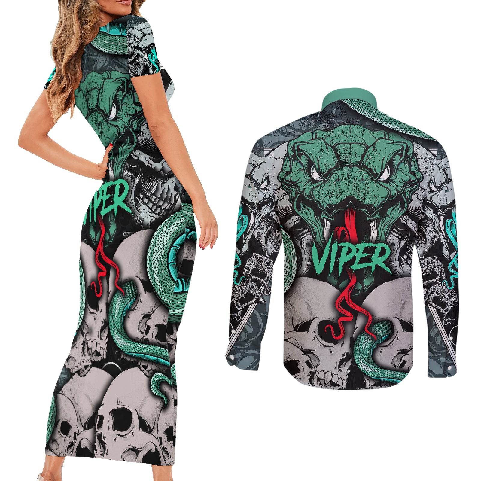 infernal-trio-couples-matching-short-sleeve-bodycon-dress-and-long-sleeve-button-shirts-skull-viper-and-sinister-snake