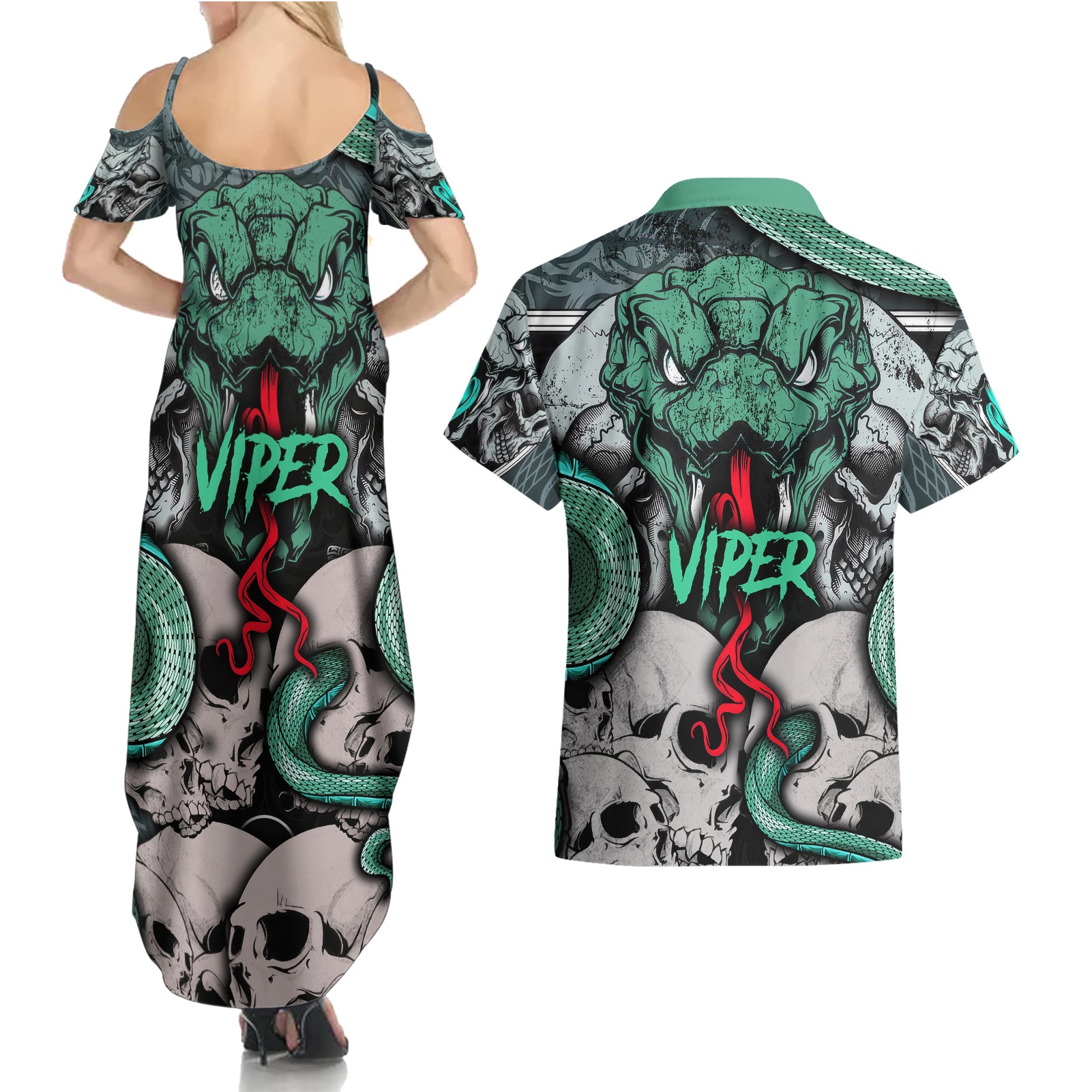 infernal-trio-couples-matching-summer-maxi-dress-and-hawaiian-shirt-skull-viper-and-sinister-snake