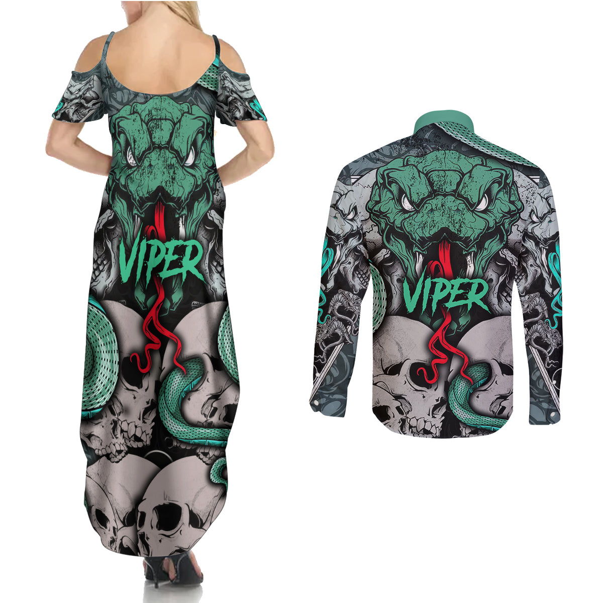 infernal-trio-couples-matching-summer-maxi-dress-and-long-sleeve-button-shirts-skull-viper-and-sinister-snake