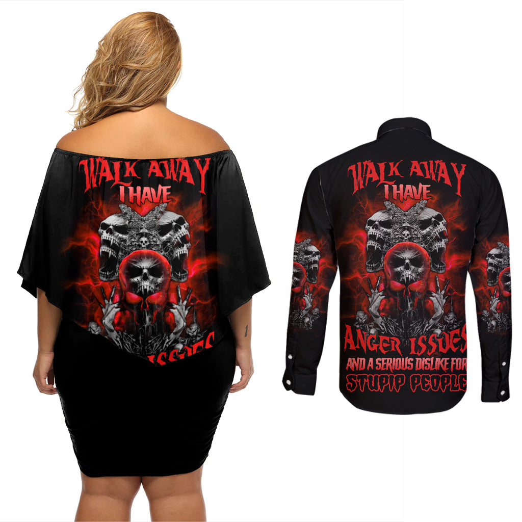 walk-away-i-have-anger-issues-skull-couples-matching-off-shoulder-short-dress-and-long-sleeve-button-shirt