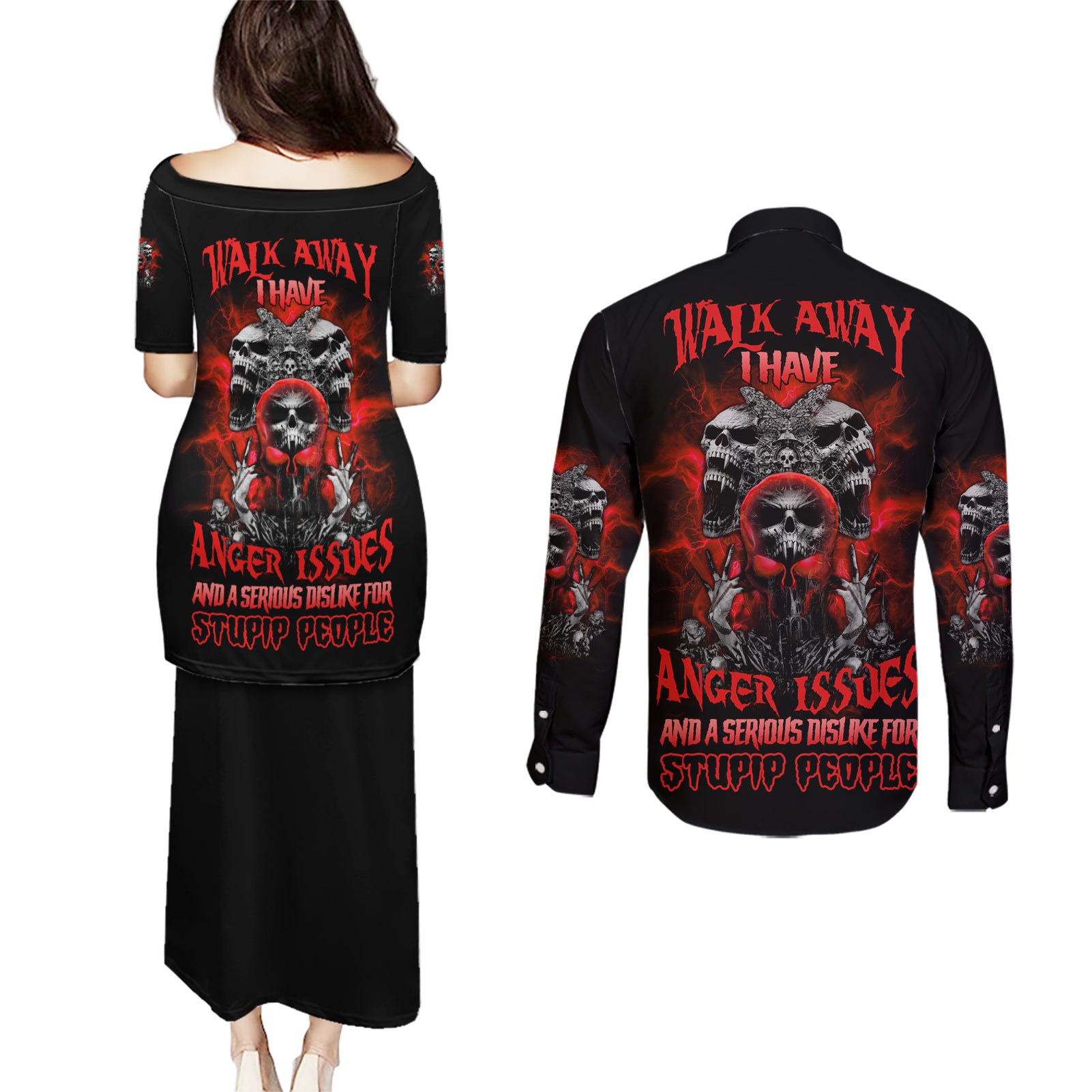 walk-away-i-have-anger-issues-skull-couples-matching-puletasi-dress-and-long-sleeve-button-shirt