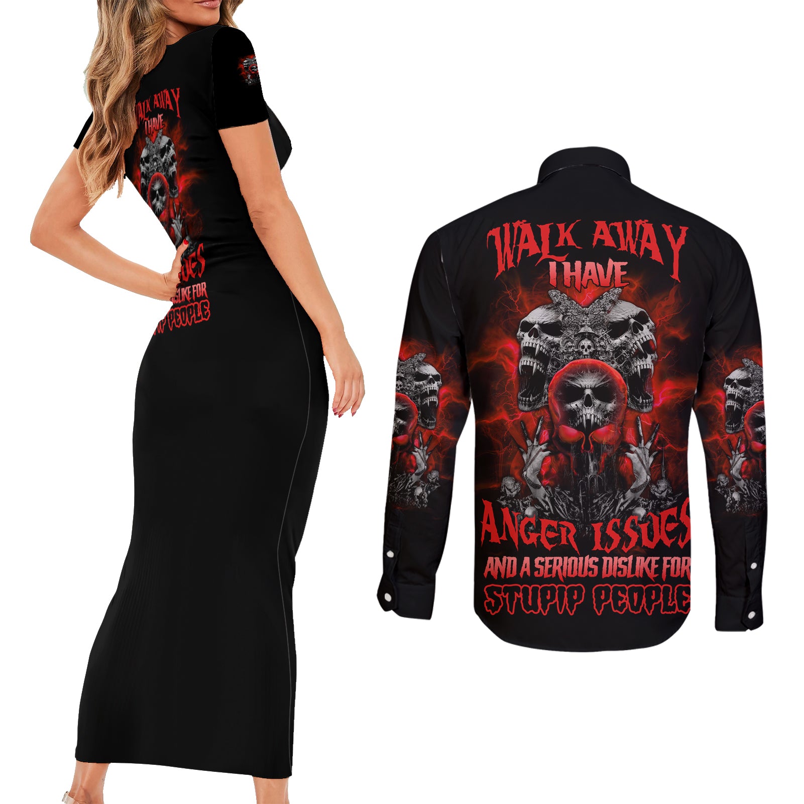 walk-away-i-have-anger-issues-skull-couples-matching-short-sleeve-bodycon-dress-and-long-sleeve-button-shirt