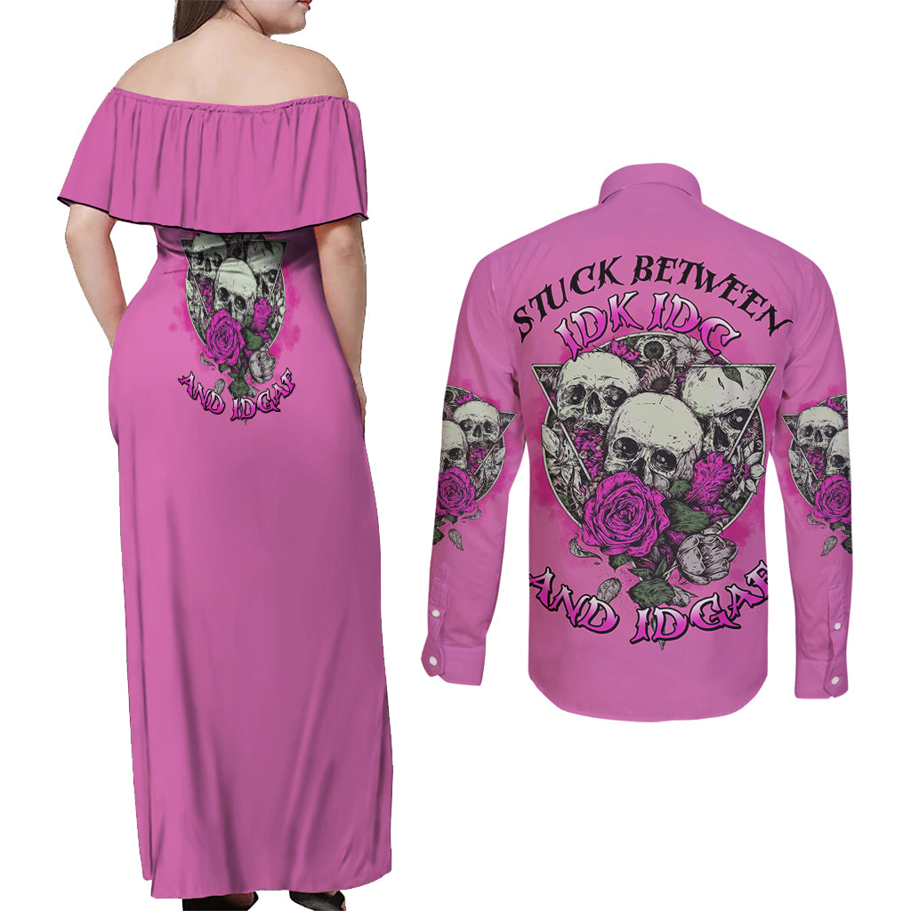 stuck-between-idk-idc-and-idgaf-pink-couples-matching-off-shoulder-maxi-dress-and-long-sleeve-button-shirt