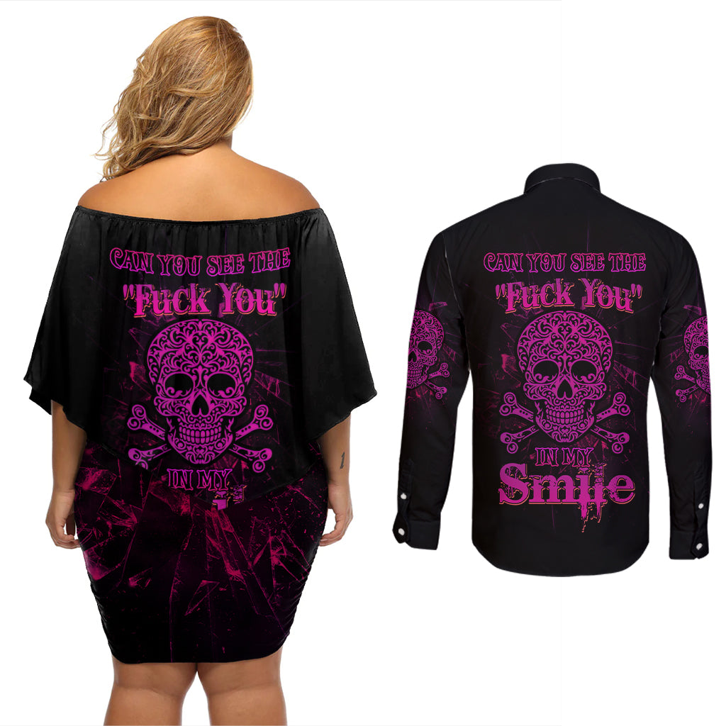 can-you-see-the-f-you-skull-rose-couples-matching-off-shoulder-short-dress-and-long-sleeve-button-shirt