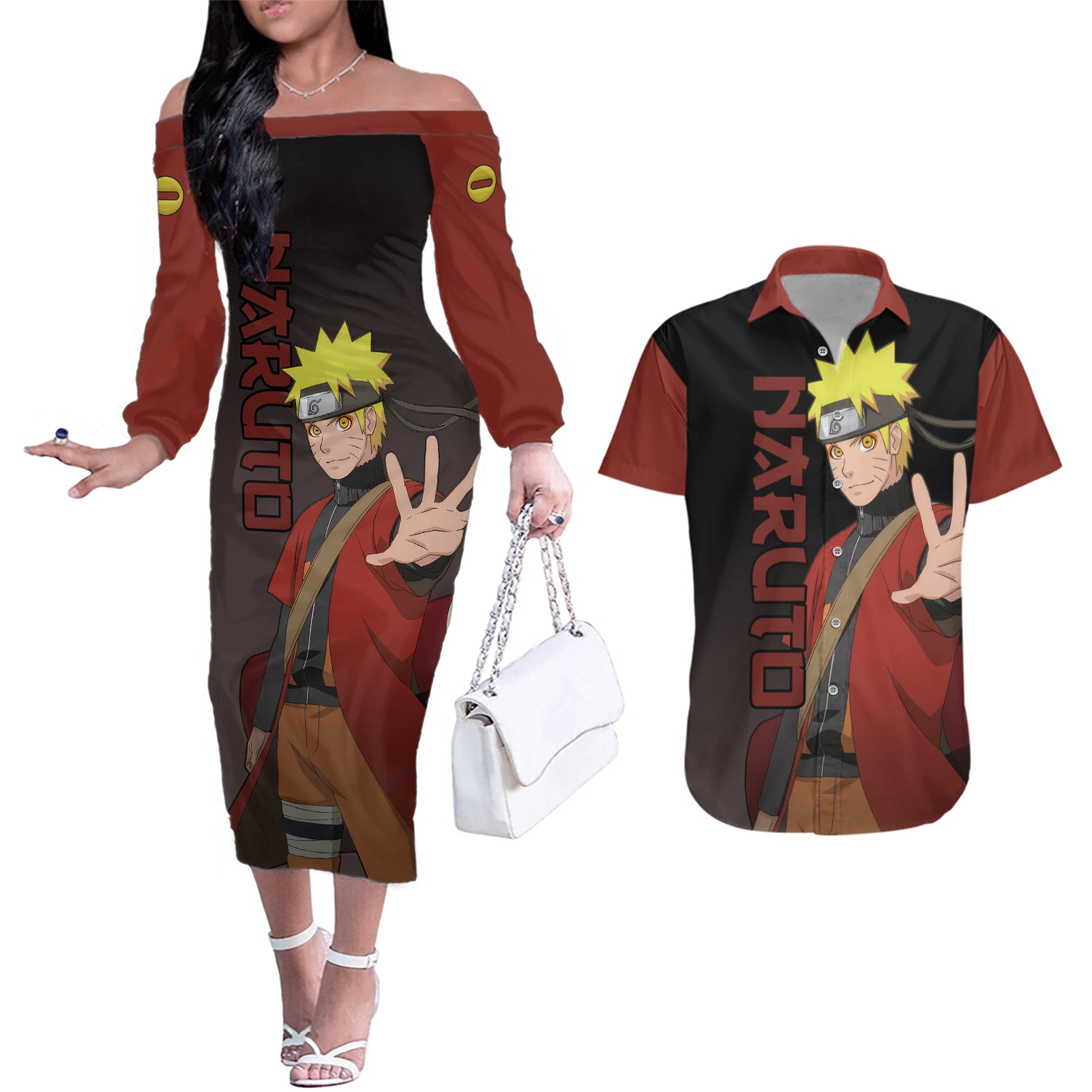 Sage - Naruto Couples Matching Off The Shoulder Long Sleeve Dress and Hawaiian Shirt