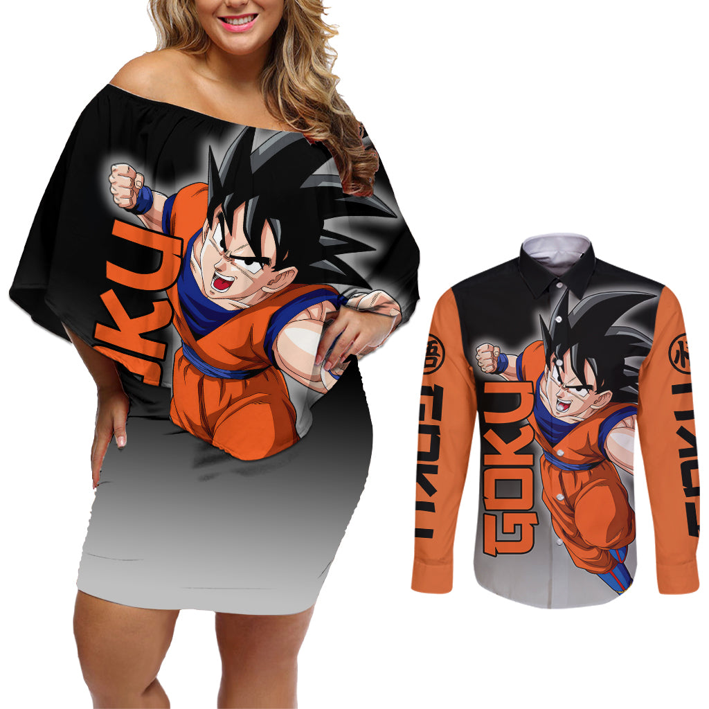 Z Goku Anime Dragon Ball Couples Matching Off Shoulder Short Dress and Long Sleeve Button Shirt