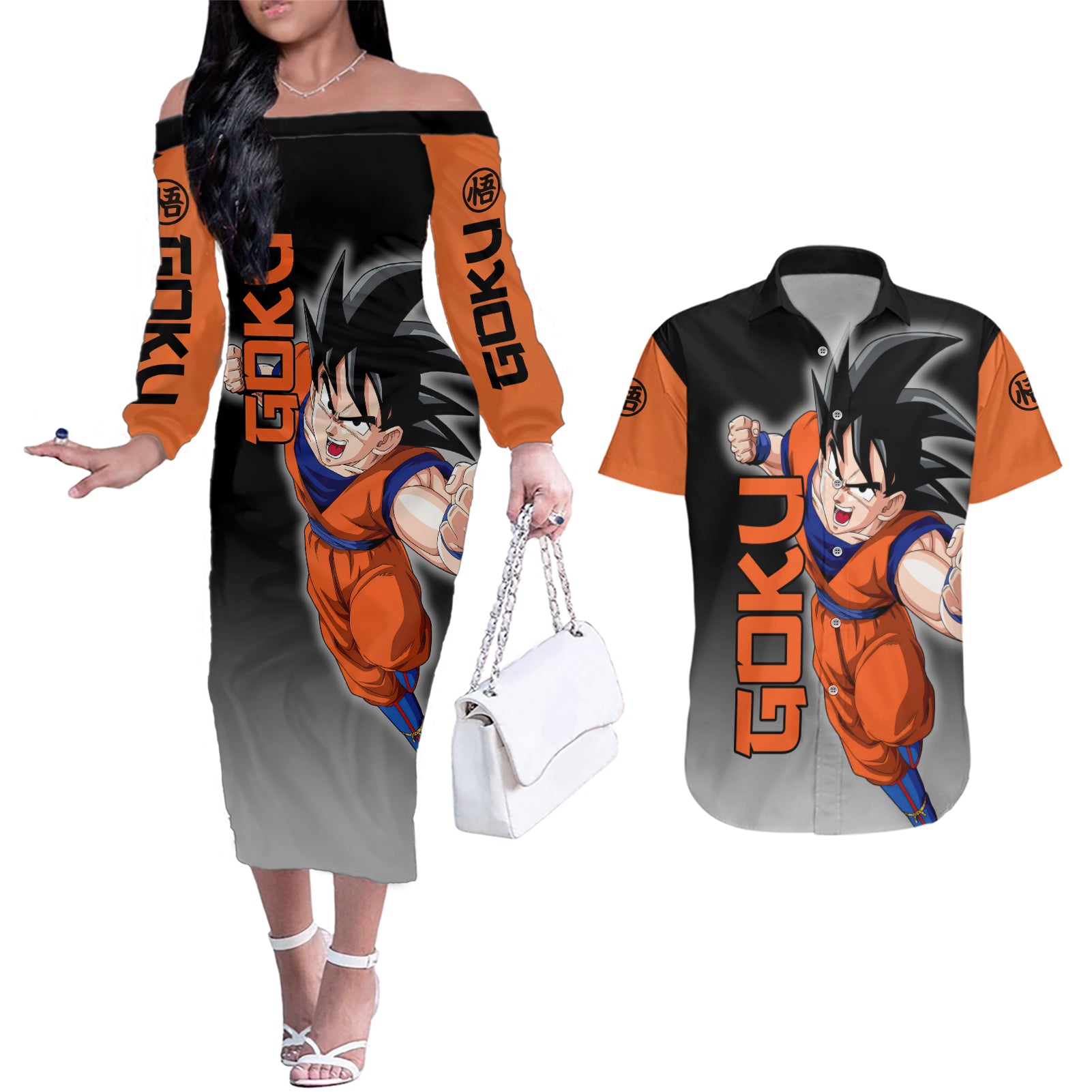 Z Goku Anime Dragon Ball Couples Matching Off The Shoulder Long Sleeve Dress and Hawaiian Shirt