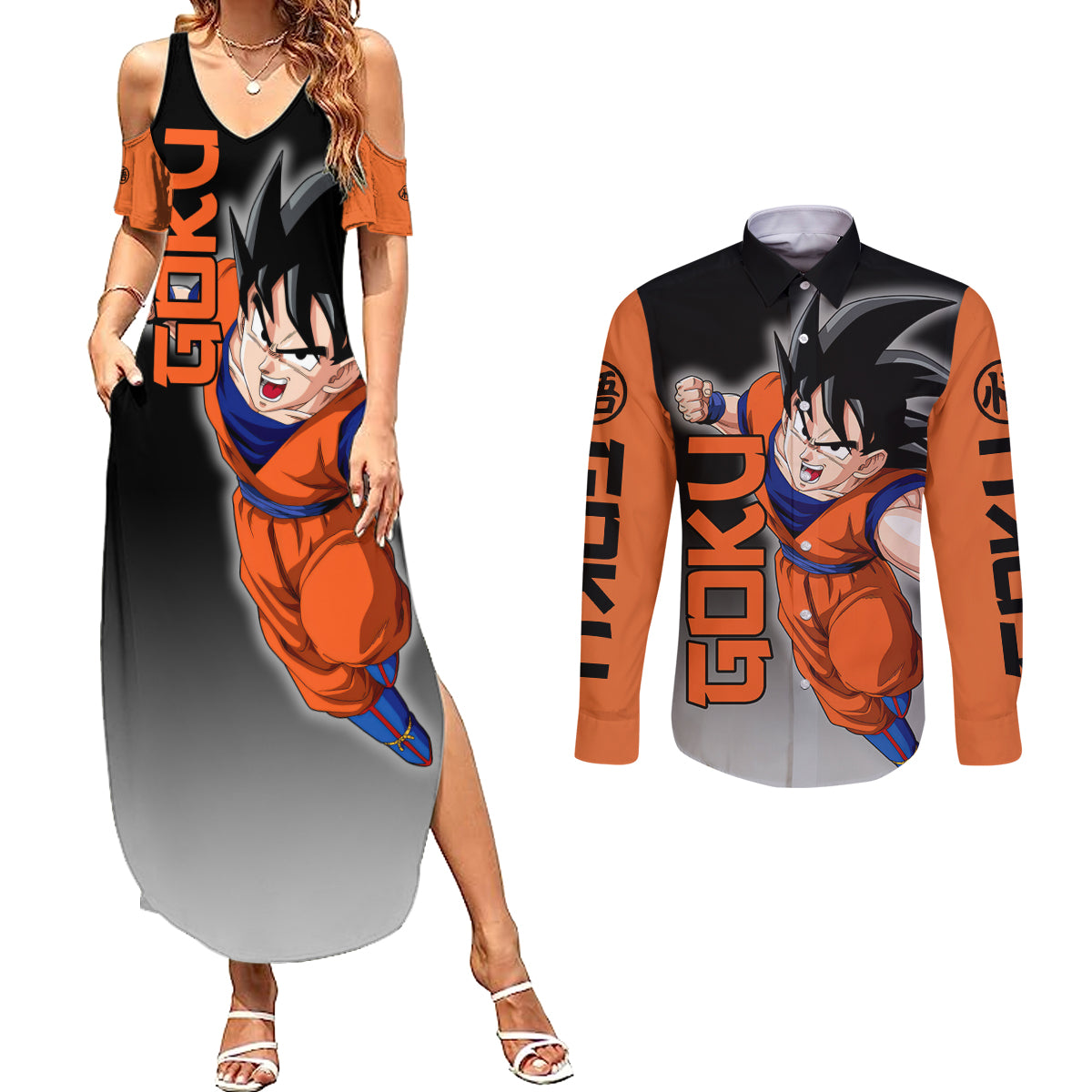 Z Goku Anime Dragon Ball Couples Matching Summer Maxi Dress and Long Sleeve Button Shirt