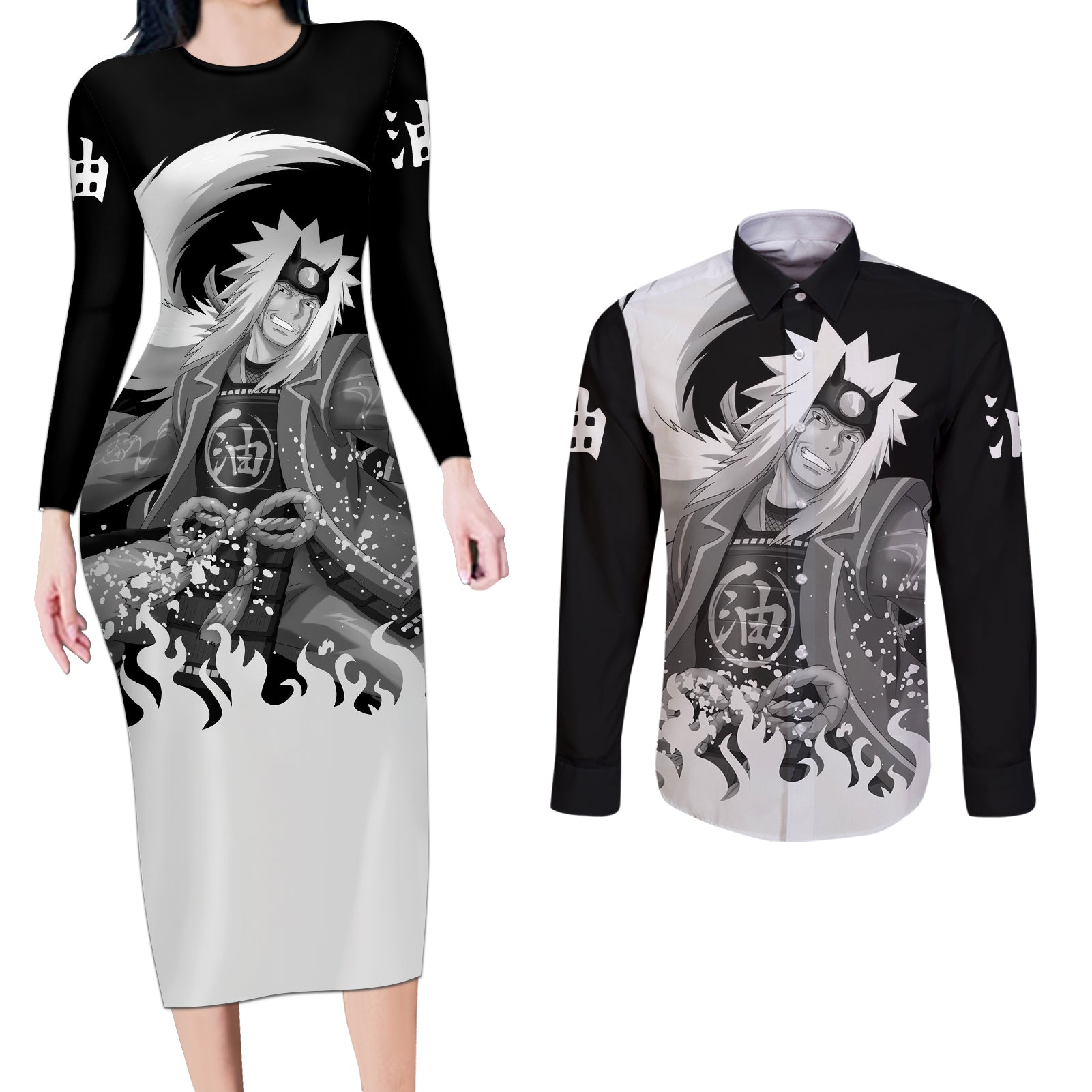 Jiraiya Anime Mixed Couples Matching Long Sleeve Bodycon Dress and Long Sleeve Button Shirt