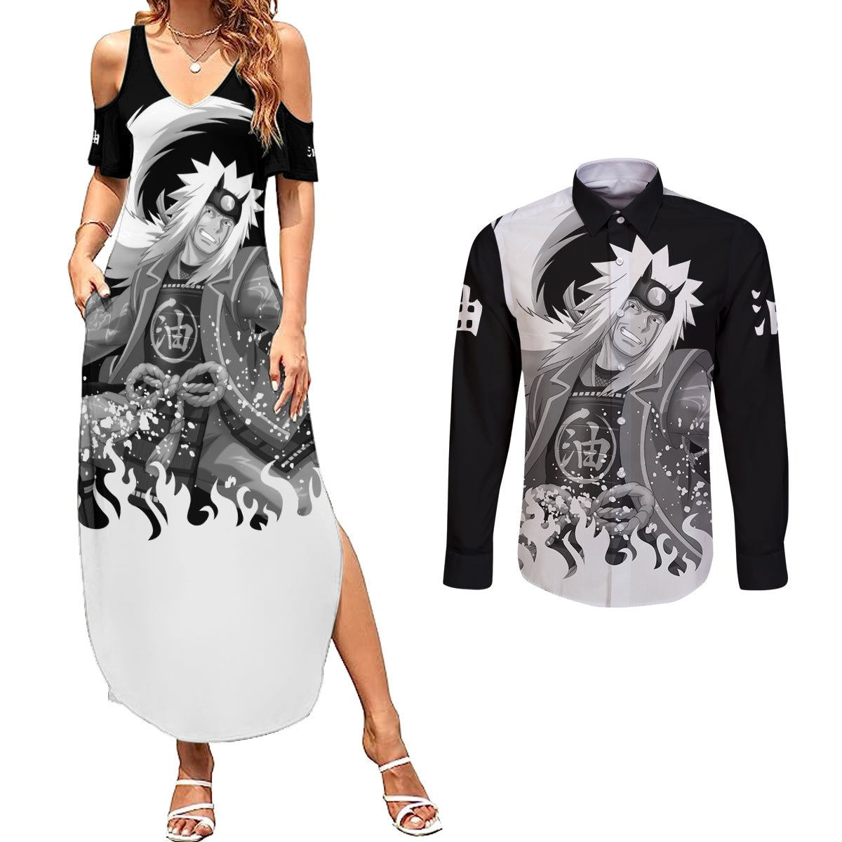 Jiraiya Anime Mixed Couples Matching Summer Maxi Dress and Long Sleeve Button Shirt