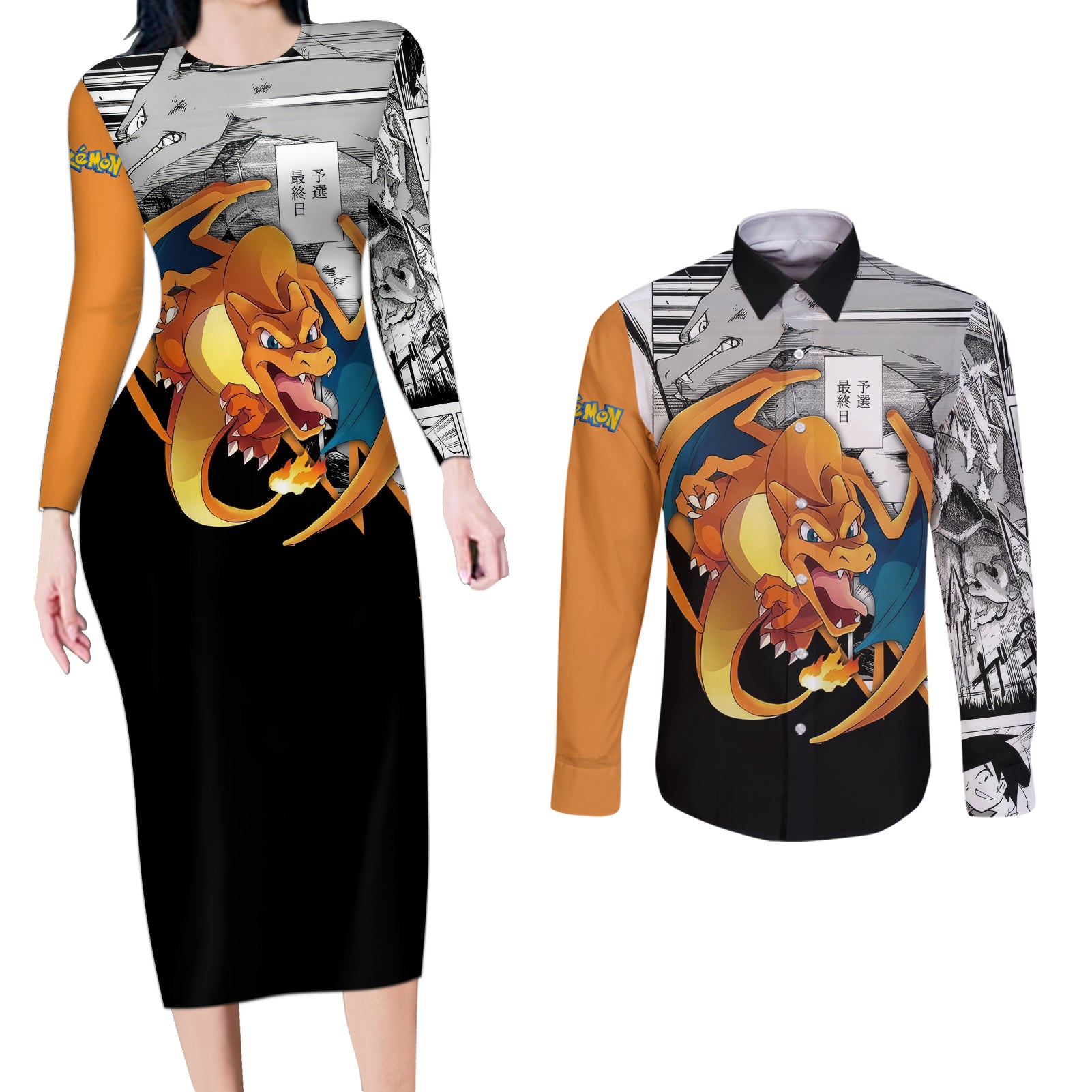 Charizard Mix Manga Couples Matching Long Sleeve Bodycon Dress and Long Sleeve Button Shirt