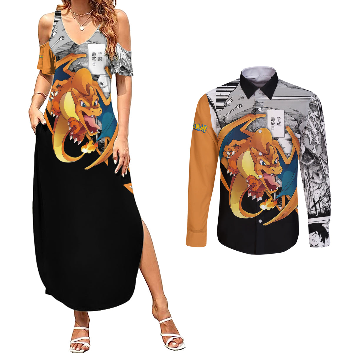 Charizard Mix Manga Couples Matching Summer Maxi Dress and Long Sleeve Button Shirt