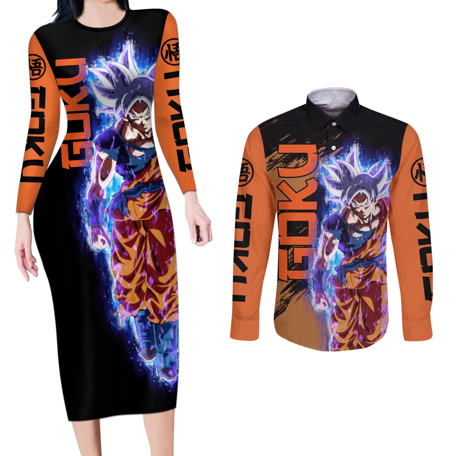 Goku Ultra Instinct Couples Matching Long Sleeve Bodycon Dress and Long Sleeve Button Shirt