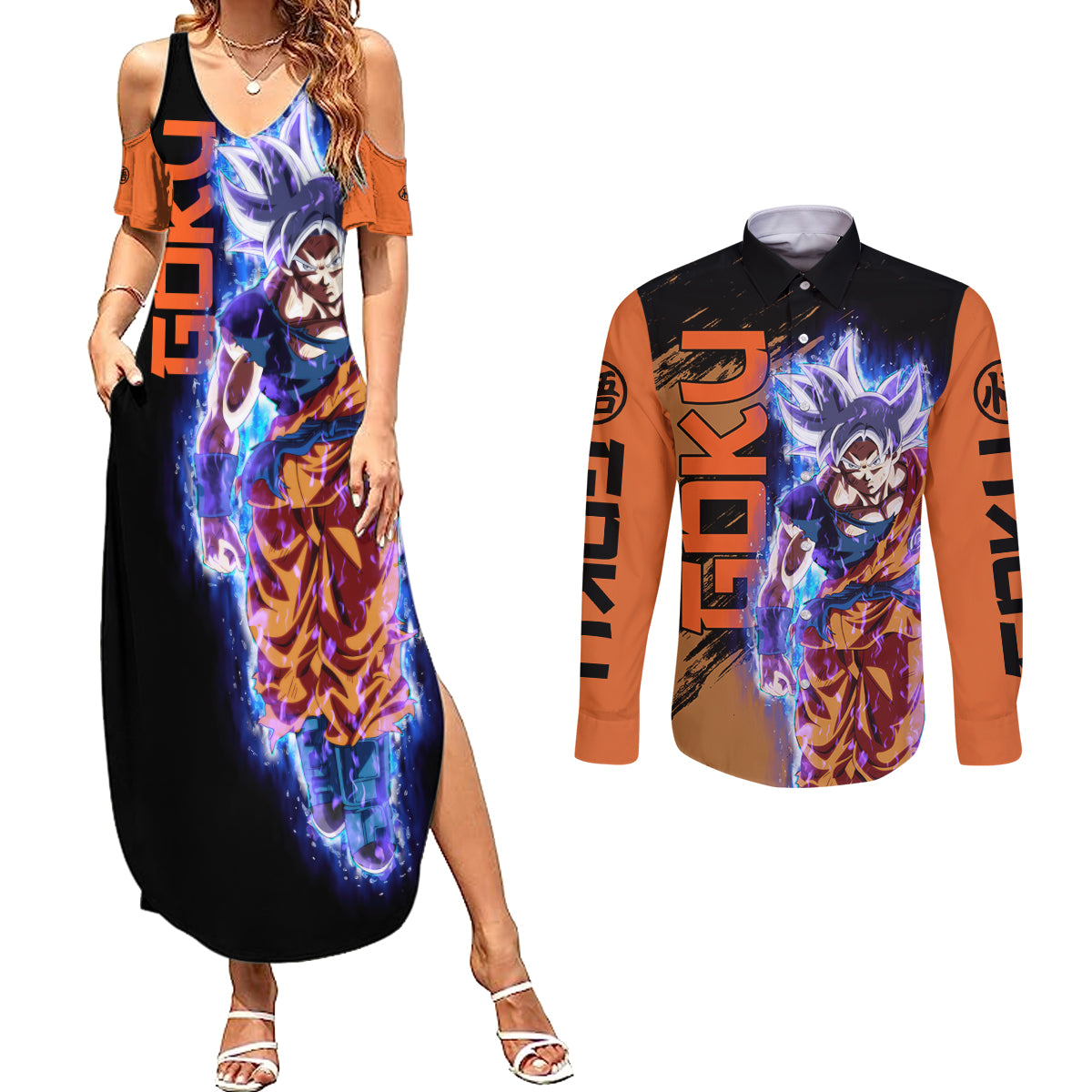 Goku Ultra Instinct Couples Matching Summer Maxi Dress and Long Sleeve Button Shirt