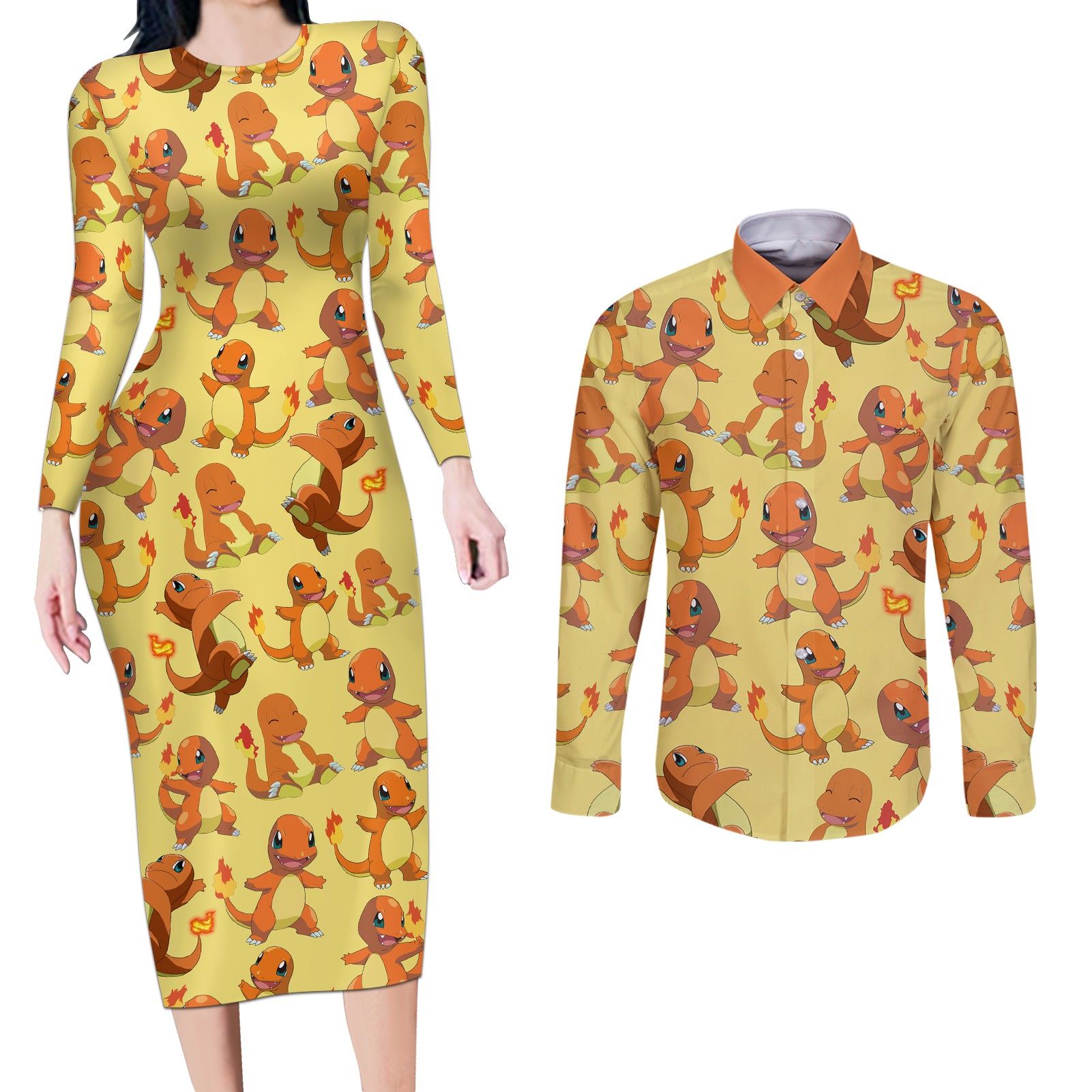 Charmander Pattern Style Couples Matching Long Sleeve Bodycon Dress and Long Sleeve Button Shirt