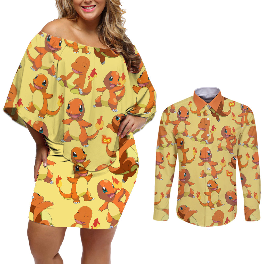 Charmander Pattern Style Couples Matching Off Shoulder Short Dress and Long Sleeve Button Shirt