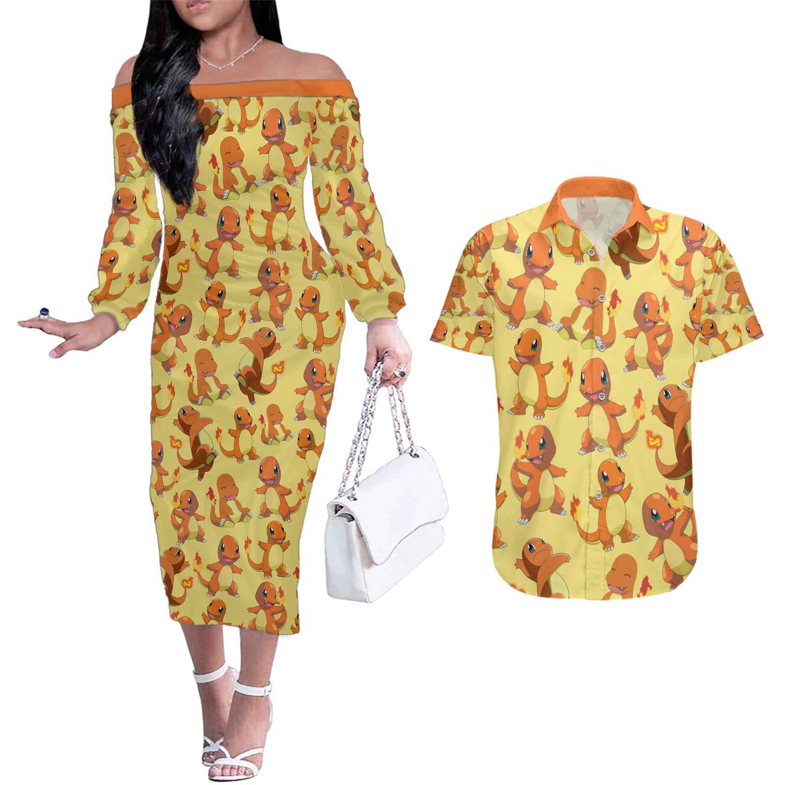 Charmander Pattern Style Couples Matching Off The Shoulder Long Sleeve Dress and Hawaiian Shirt