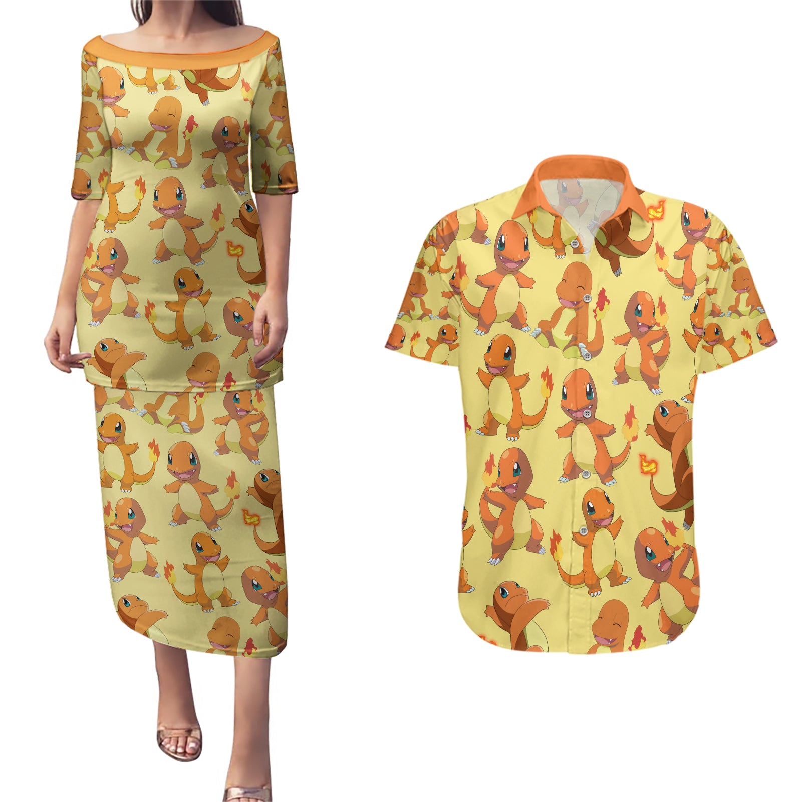 Charmander Pattern Style Couples Matching Puletasi and Hawaiian Shirt