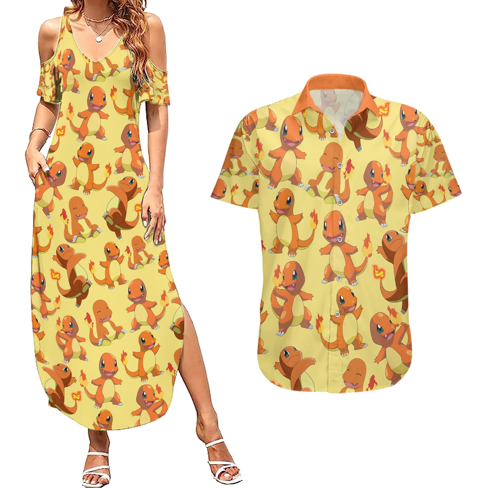 Charmander Pattern Style Couples Matching Summer Maxi Dress and Hawaiian Shirt